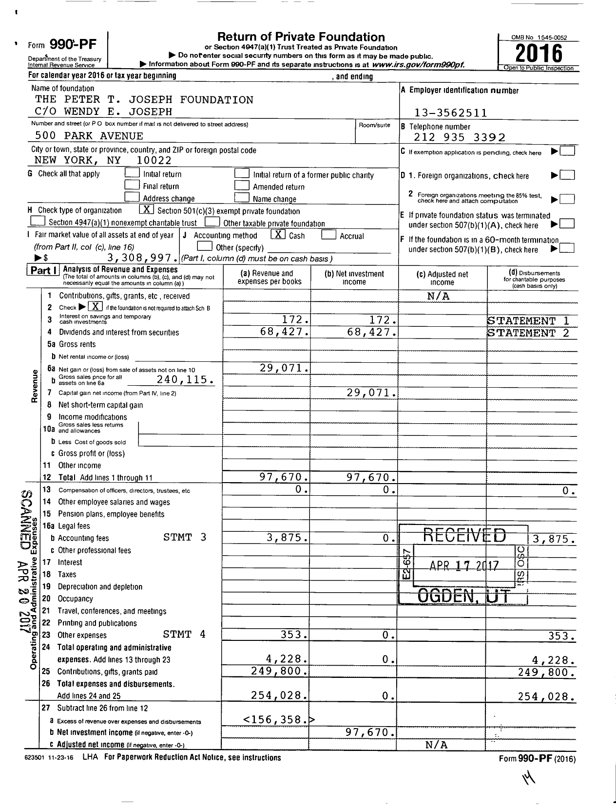 Image of first page of 2016 Form 990PF for The Peter T Joseph Foundation