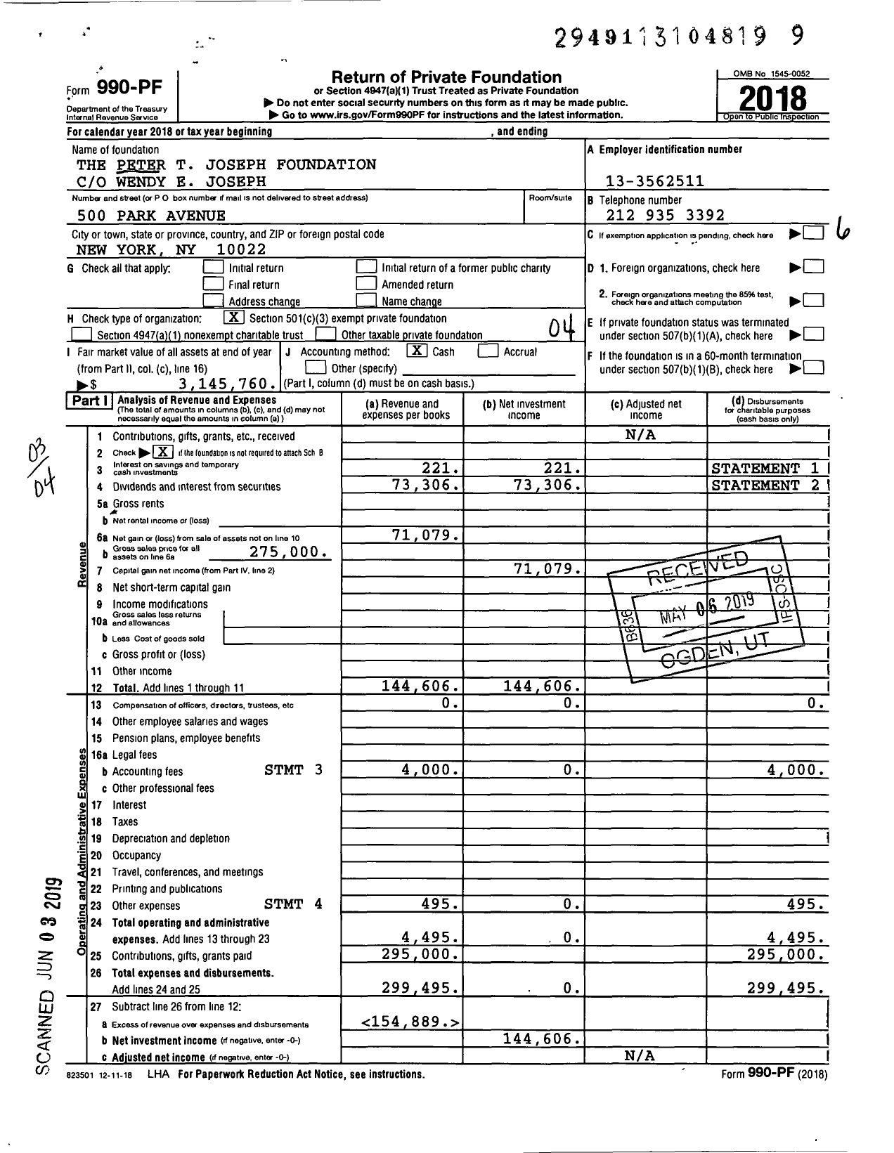 Image of first page of 2018 Form 990PF for The Peter T Joseph Foundation