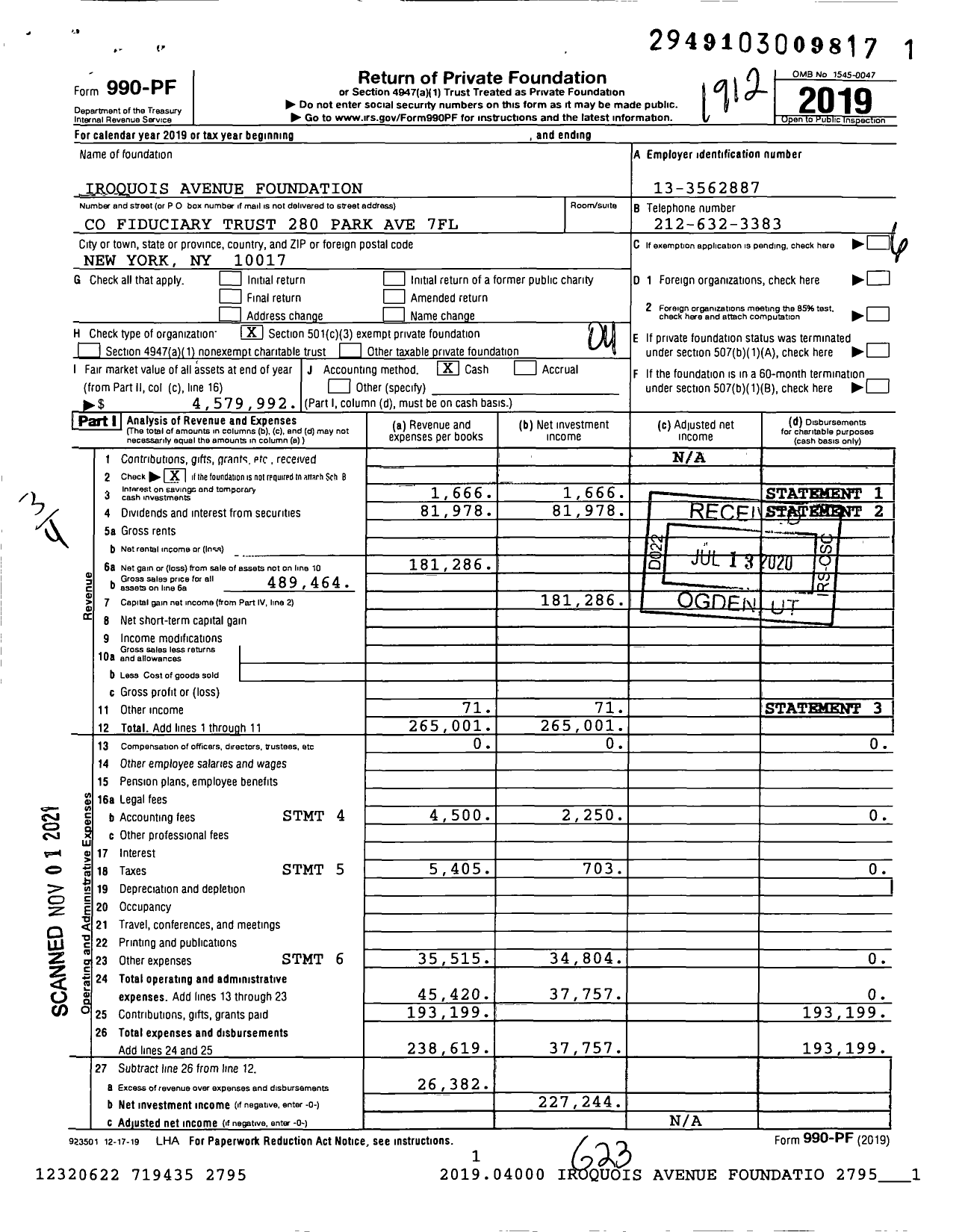 Image of first page of 2019 Form 990PF for Iroquois Avenue Foundation