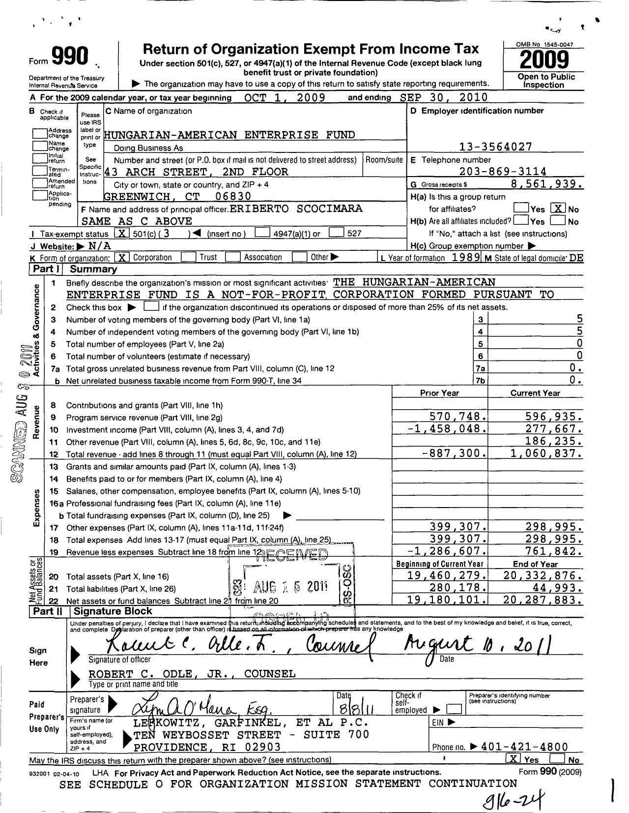 Image of first page of 2009 Form 990 for Hungarian American Enterprise Fund