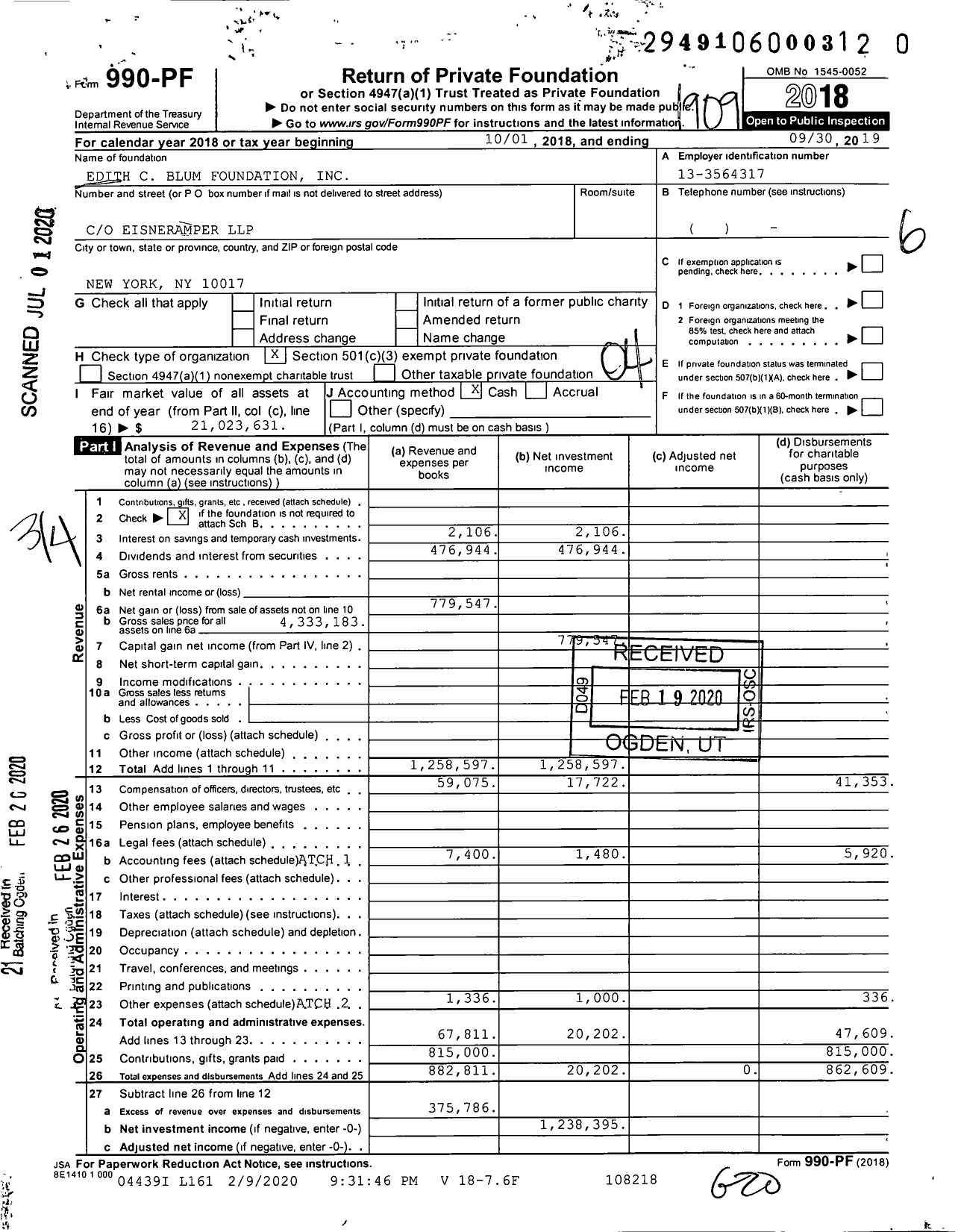 Image of first page of 2018 Form 990PR for Edith C Blum Foundation