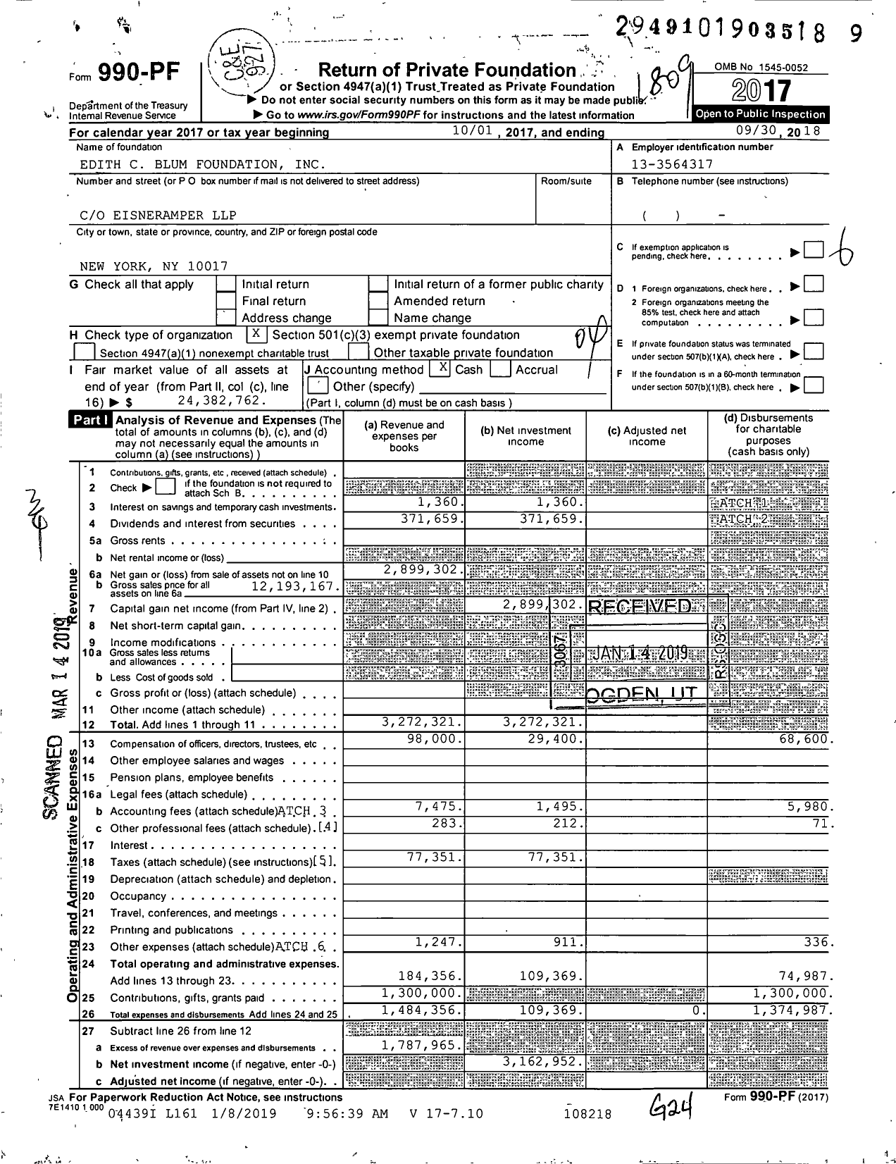 Image of first page of 2017 Form 990PF for Edith C Blum Foundation