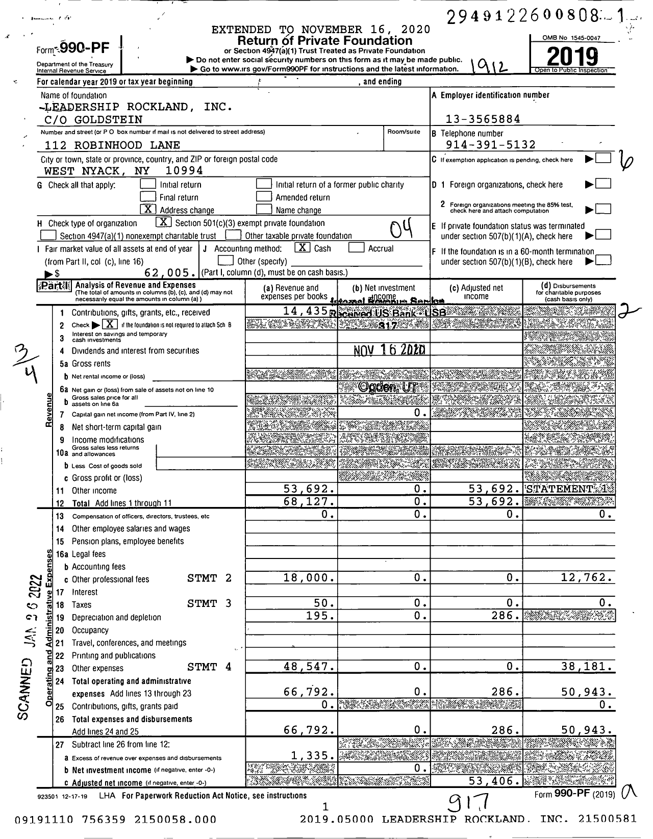 Image of first page of 2019 Form 990PF for Leadership Rockland