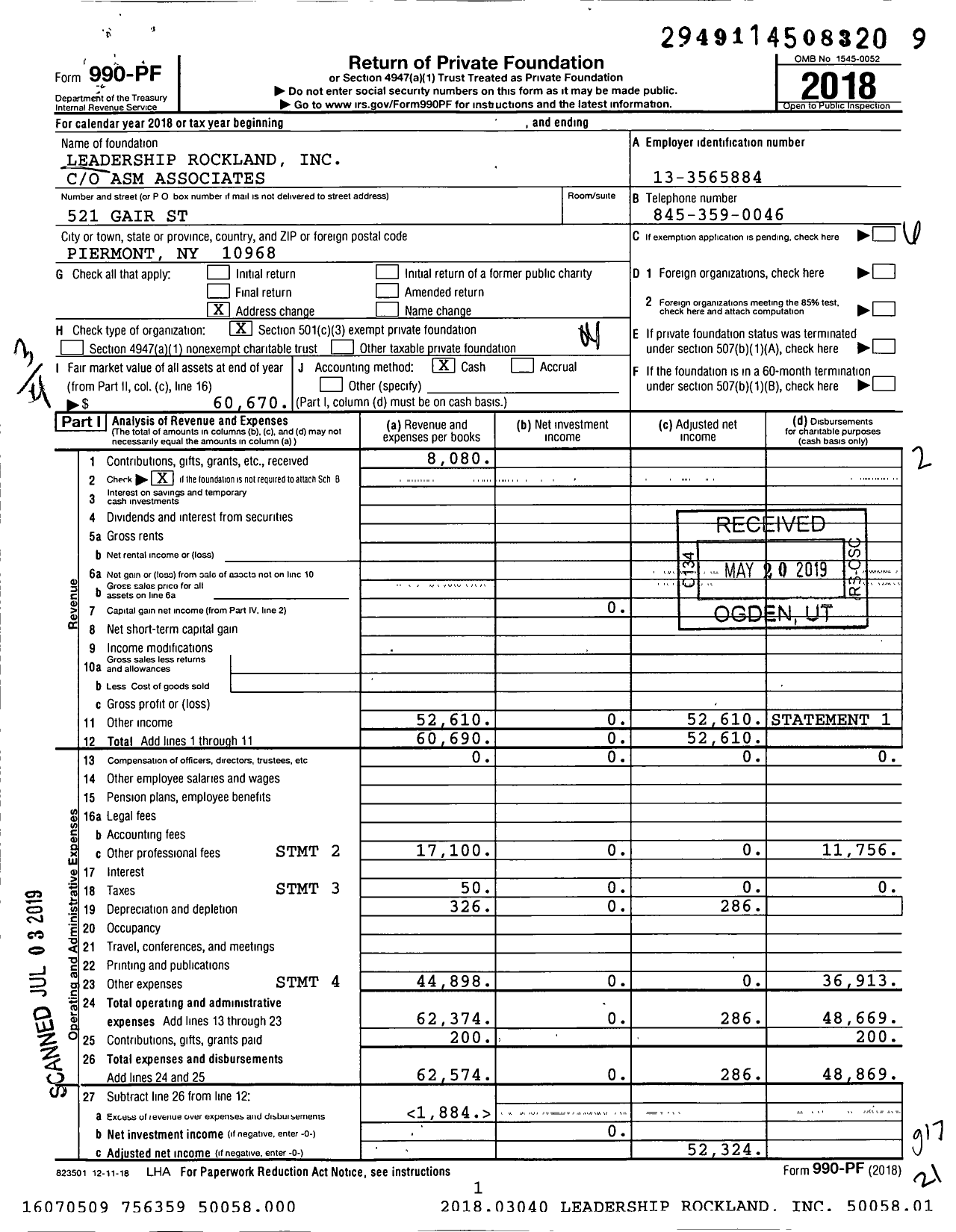 Image of first page of 2018 Form 990PF for Leadership Rockland