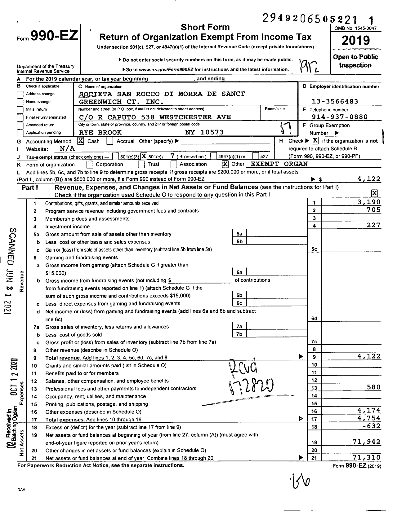 Image of first page of 2019 Form 990EO for Societa San Rocco Di Morra de Sanctis Greenwich CT