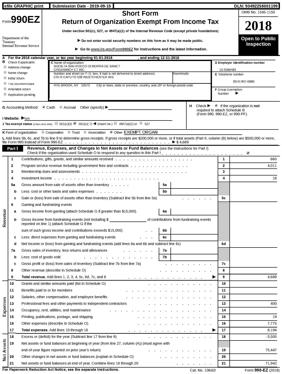 Image of first page of 2018 Form 990EZ for Societa San Rocco Di Morra de Sanctis Greenwich CT