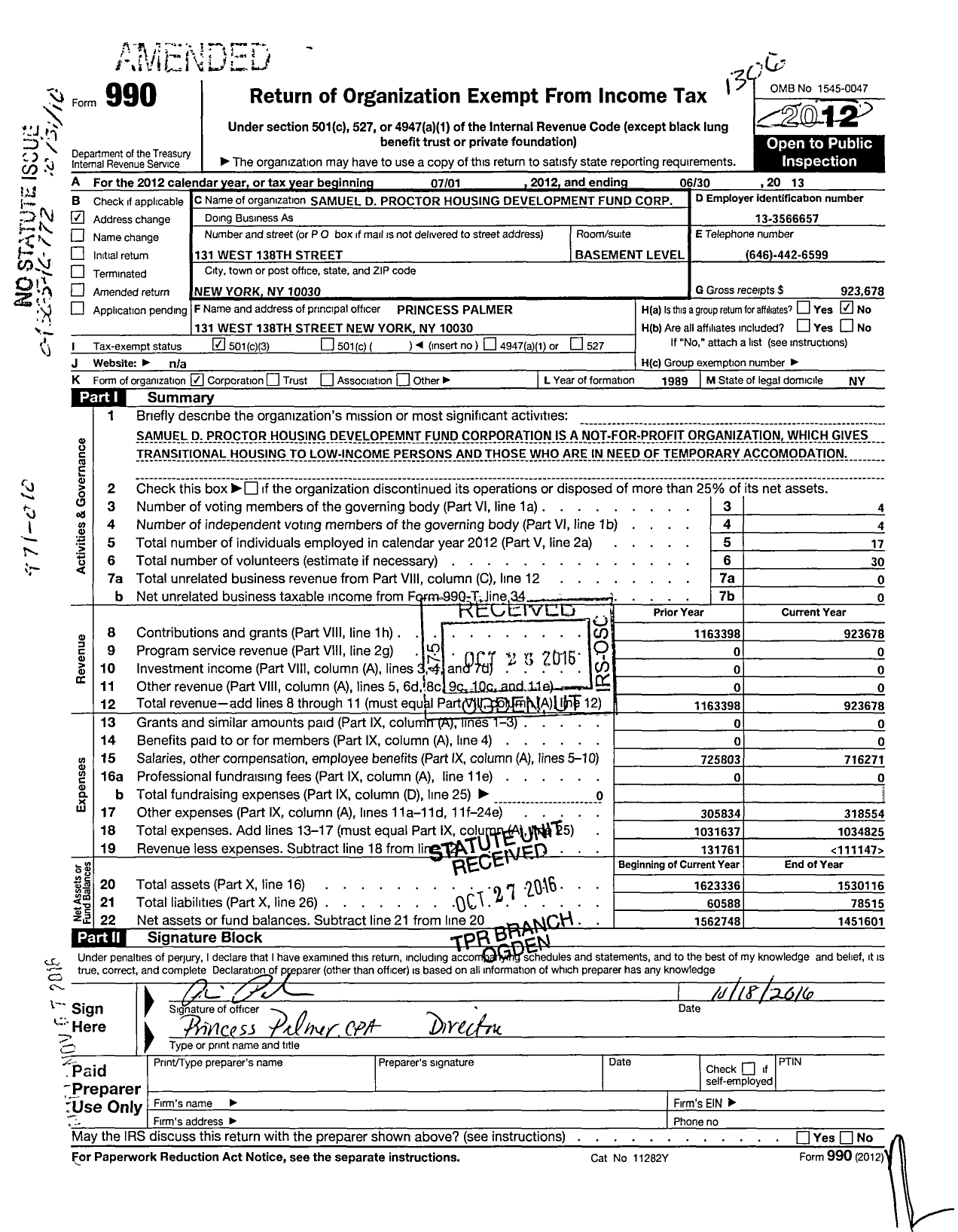 Image of first page of 2012 Form 990 for Samuel D. Proctor Housing Development Fund Corporation