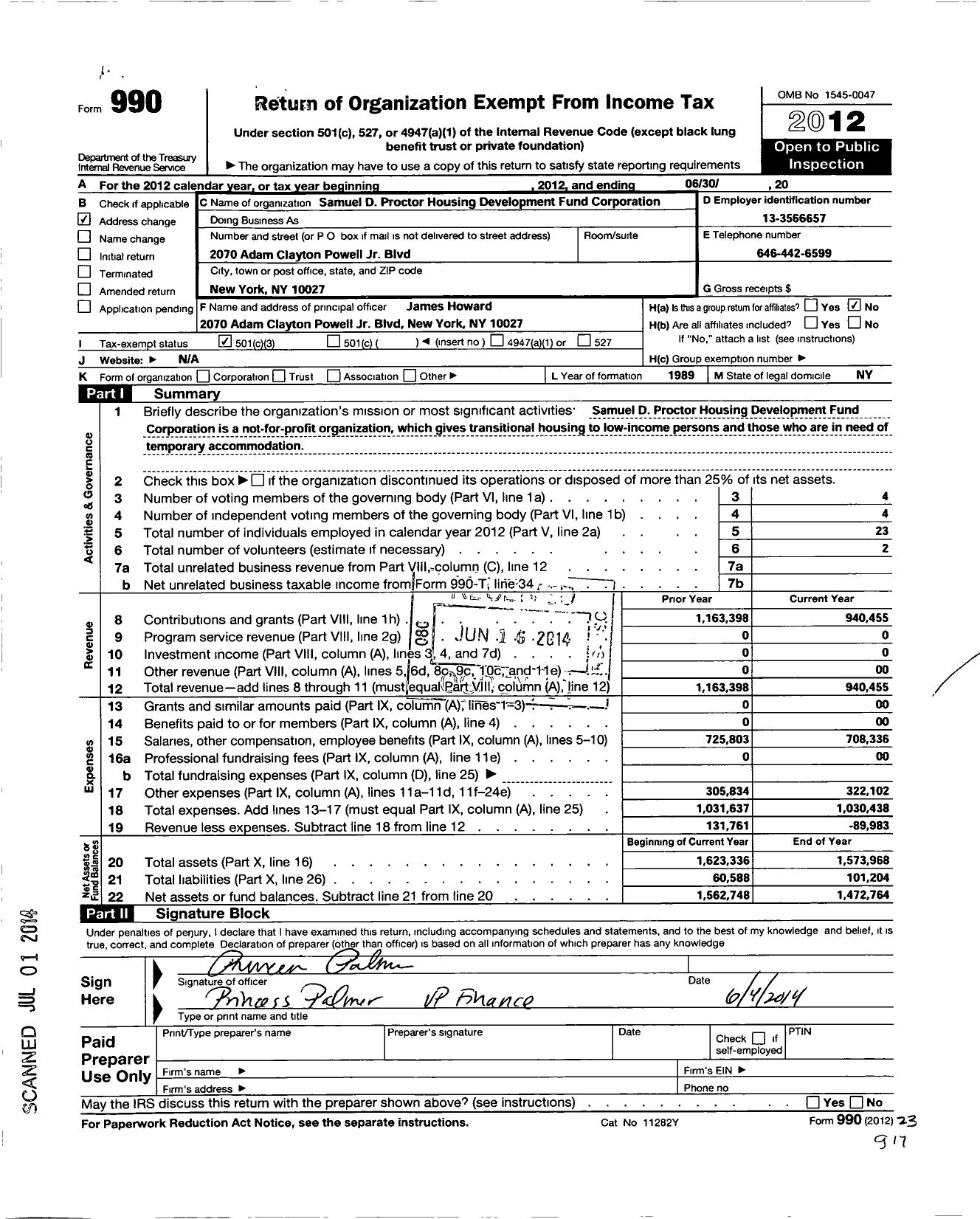 Image of first page of 2011 Form 990 for Samuel D. Proctor Housing Development Fund Corporation