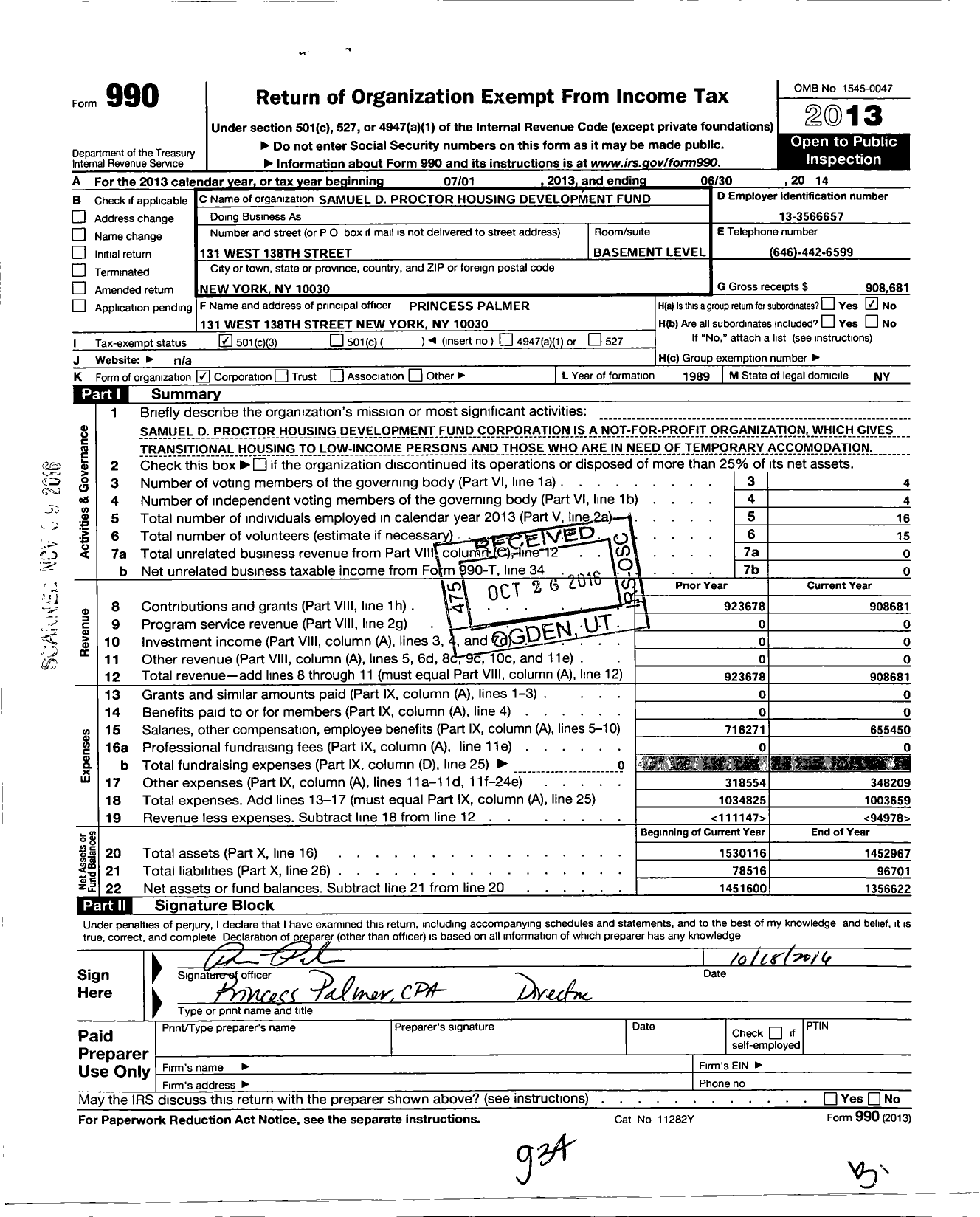 Image of first page of 2013 Form 990 for Samuel D. Proctor Housing Development Fund Corporation