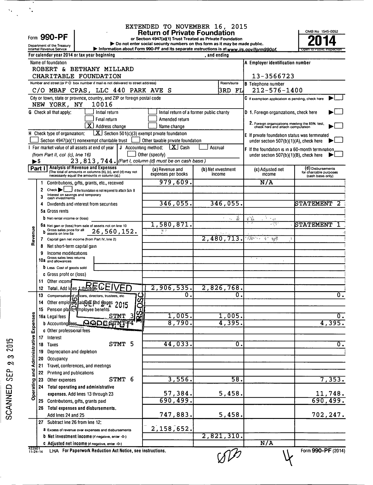 Image of first page of 2014 Form 990PF for Robert and Bethany Millard Charitable Foundation