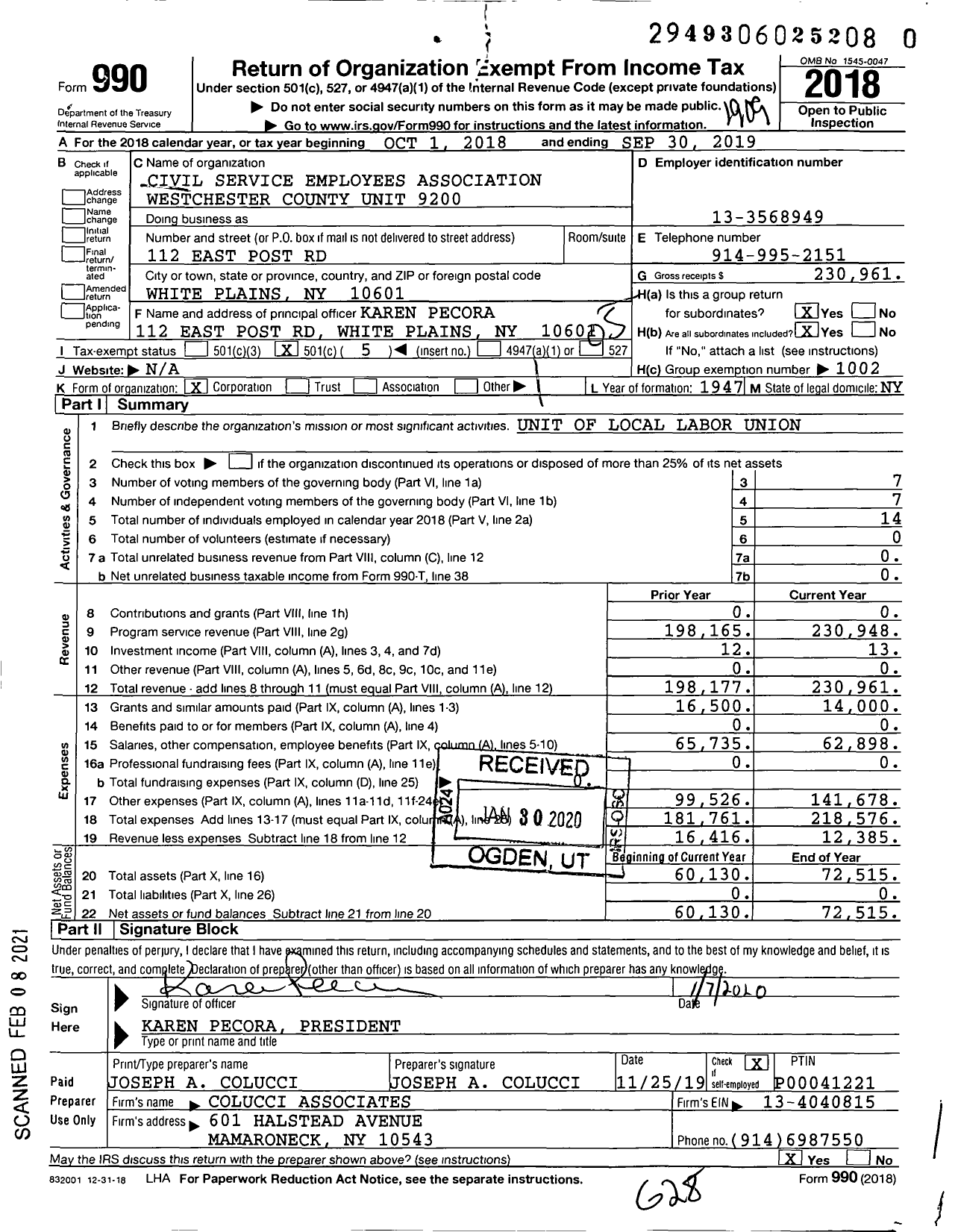 Image of first page of 2018 Form 990O for Civil Service Employees Association - 0860-920000 Westchester Co United