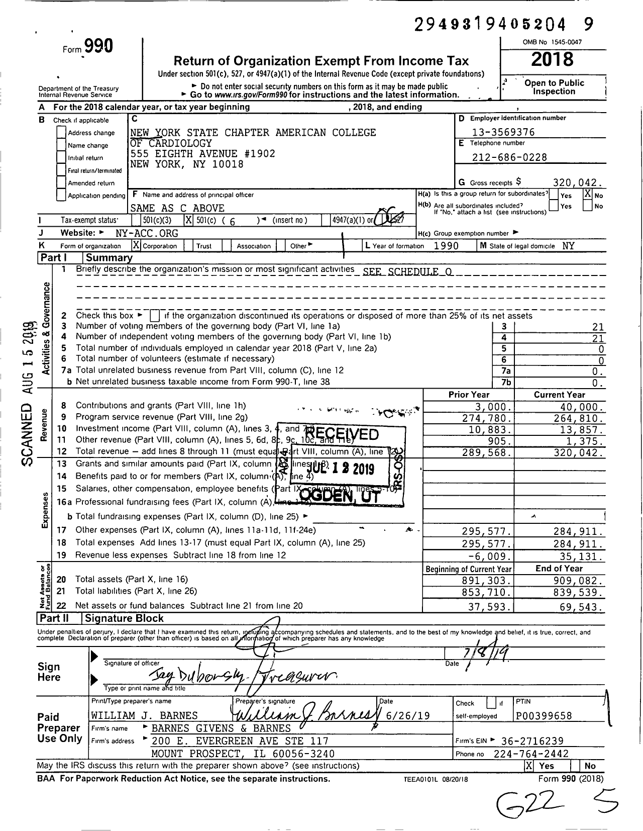 Image of first page of 2018 Form 990O for New York State Chapter American College of Cardiology