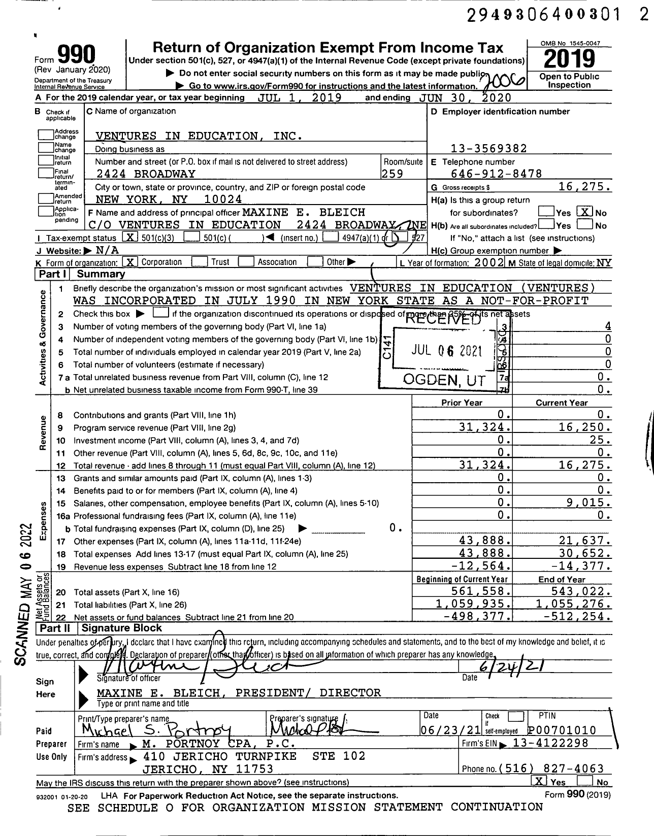 Image of first page of 2019 Form 990 for Ventures in Education