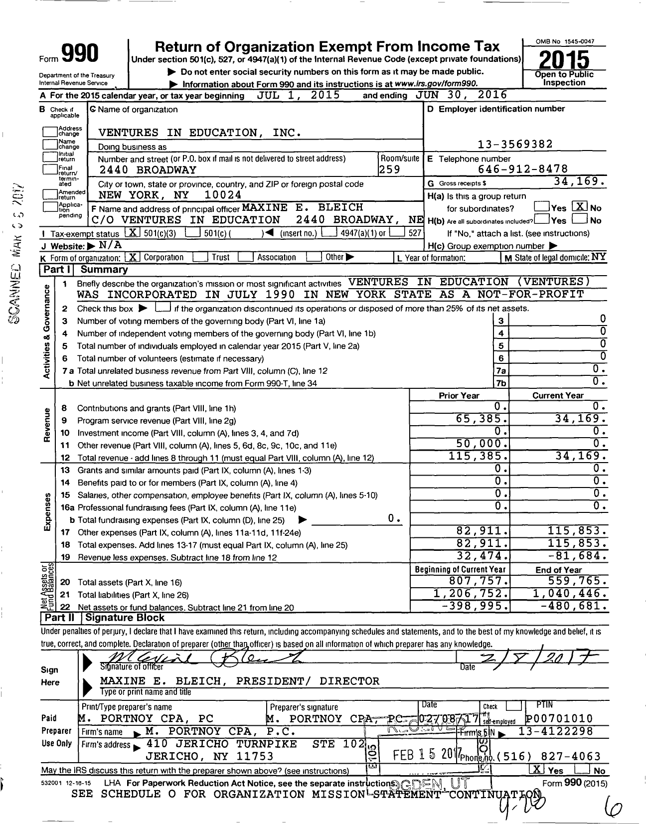 Image of first page of 2015 Form 990 for Ventures in Education