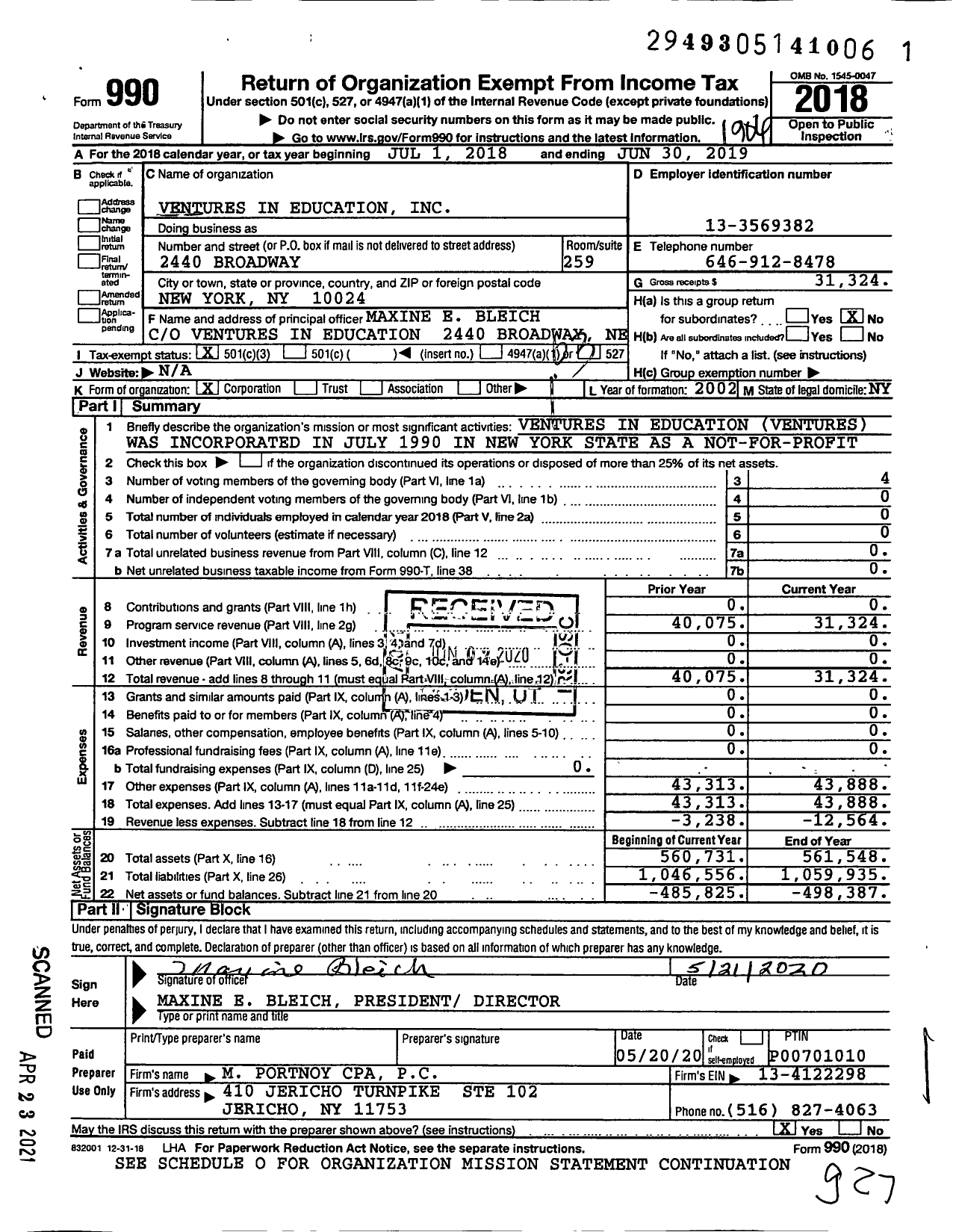 Image of first page of 2018 Form 990 for Ventures in Education