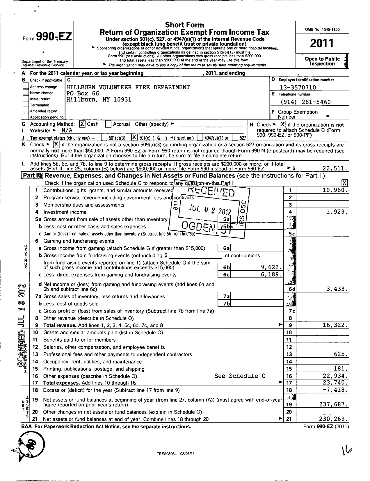 Image of first page of 2011 Form 990EO for Hillburn Volunteer Fire Department