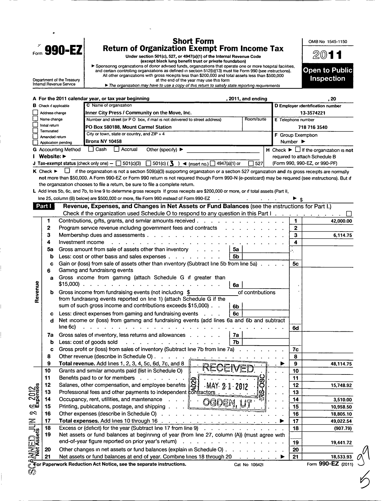 Image of first page of 2011 Form 990EZ for Inner City Press Community on the Move