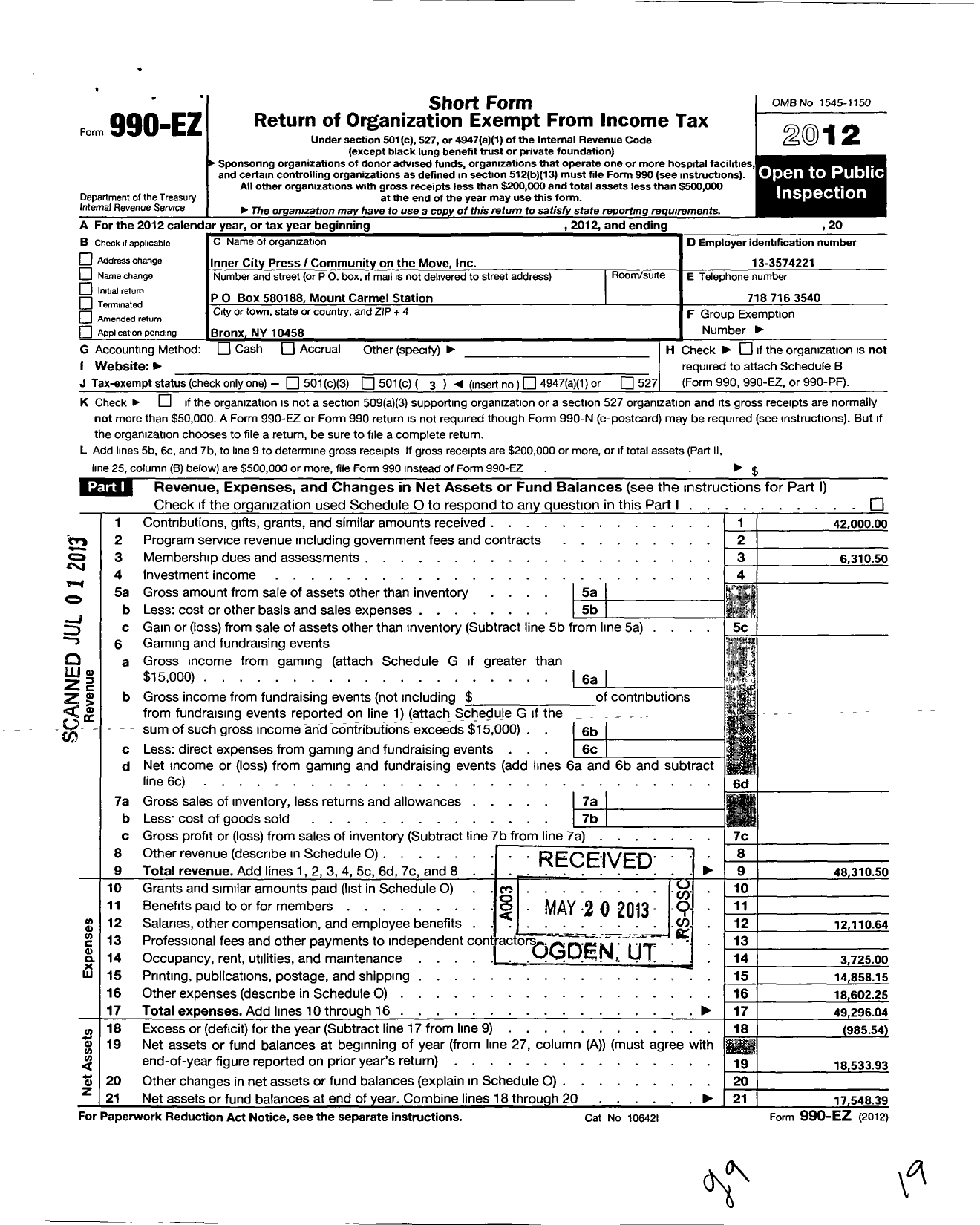 Image of first page of 2012 Form 990EZ for Inner City Press Community on the Move