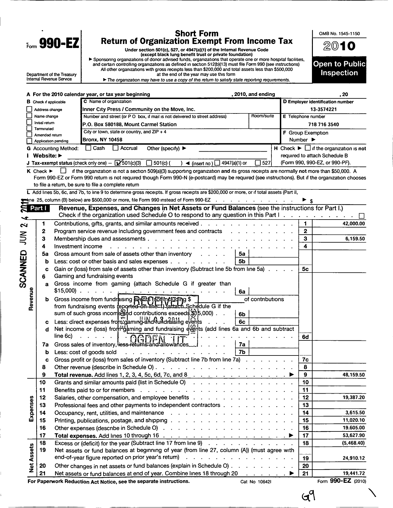 Image of first page of 2010 Form 990EZ for Inner City Press Community on the Move