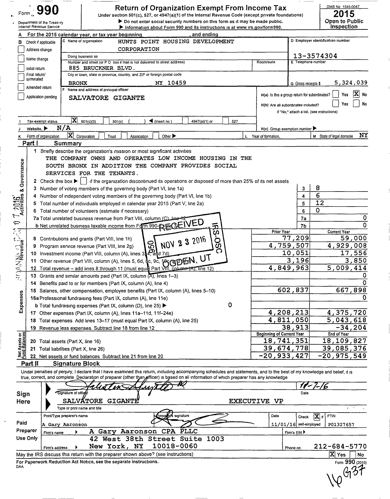 Image of first page of 2015 Form 990 for Hunts Point Housing Development Fund Corporation