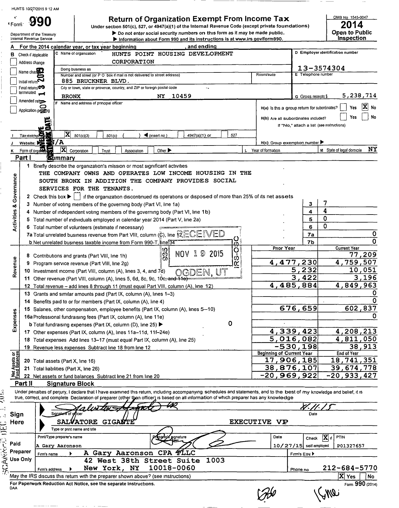 Image of first page of 2014 Form 990 for Hunts Point Housing Development Fund Corporation