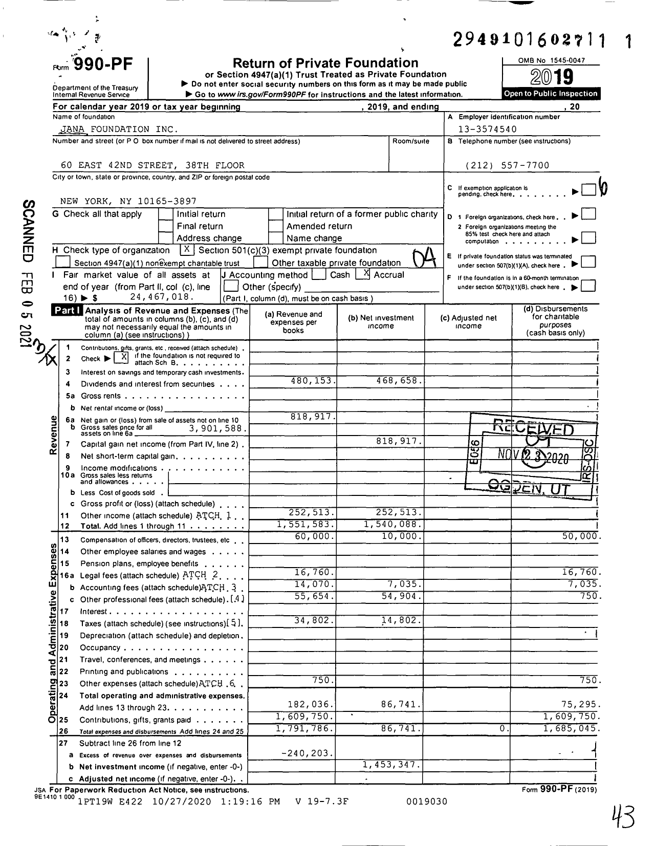 Image of first page of 2019 Form 990PF for Jana Foundation