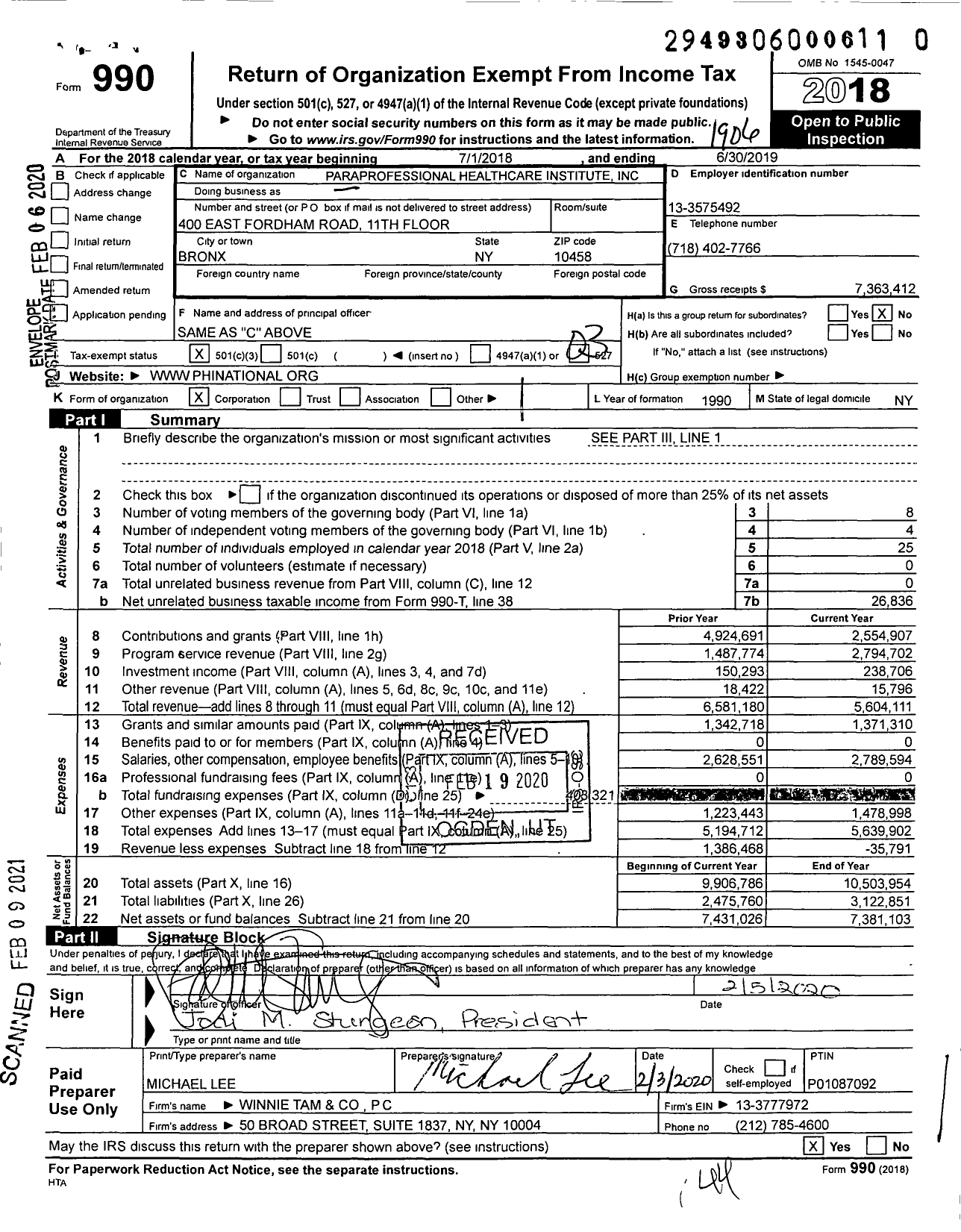 Image of first page of 2018 Form 990 for Paraprofessional Healthcare Institute