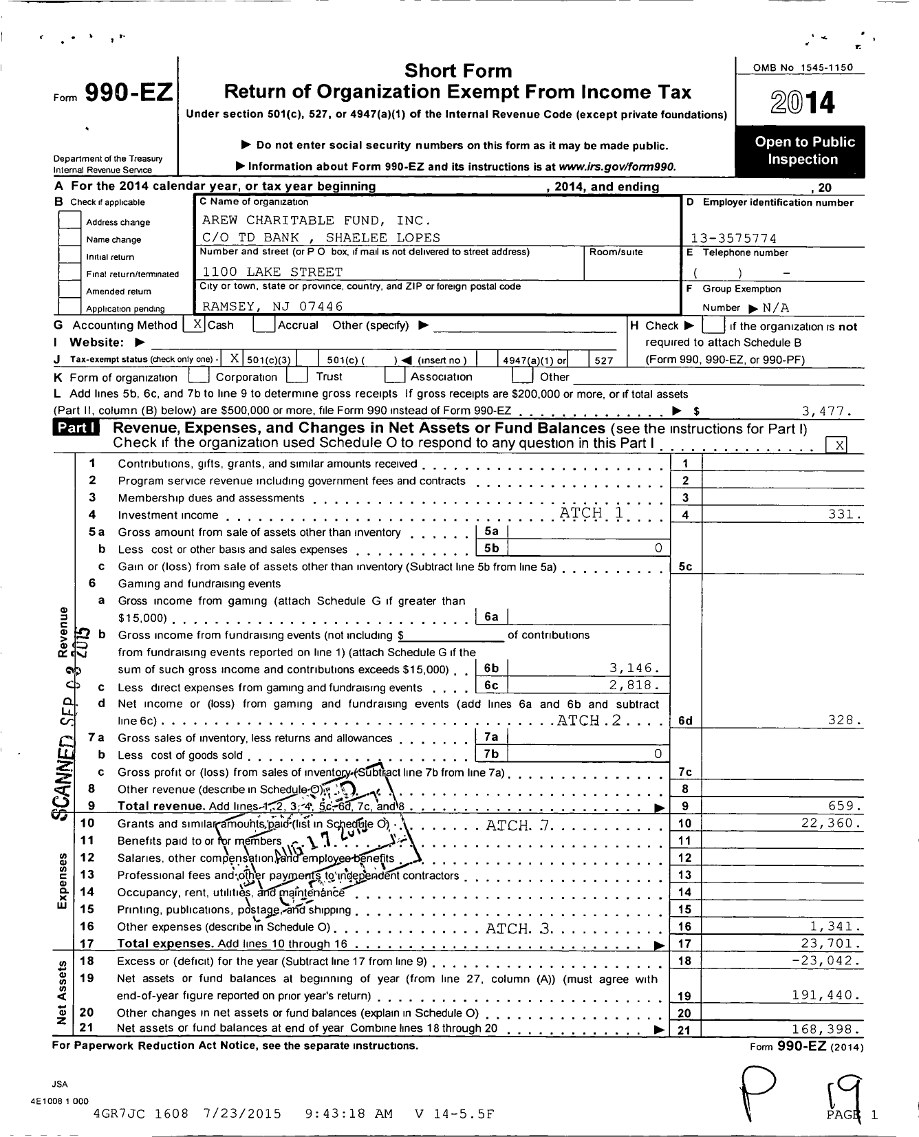 Image of first page of 2014 Form 990EZ for Arew Charitable Fund