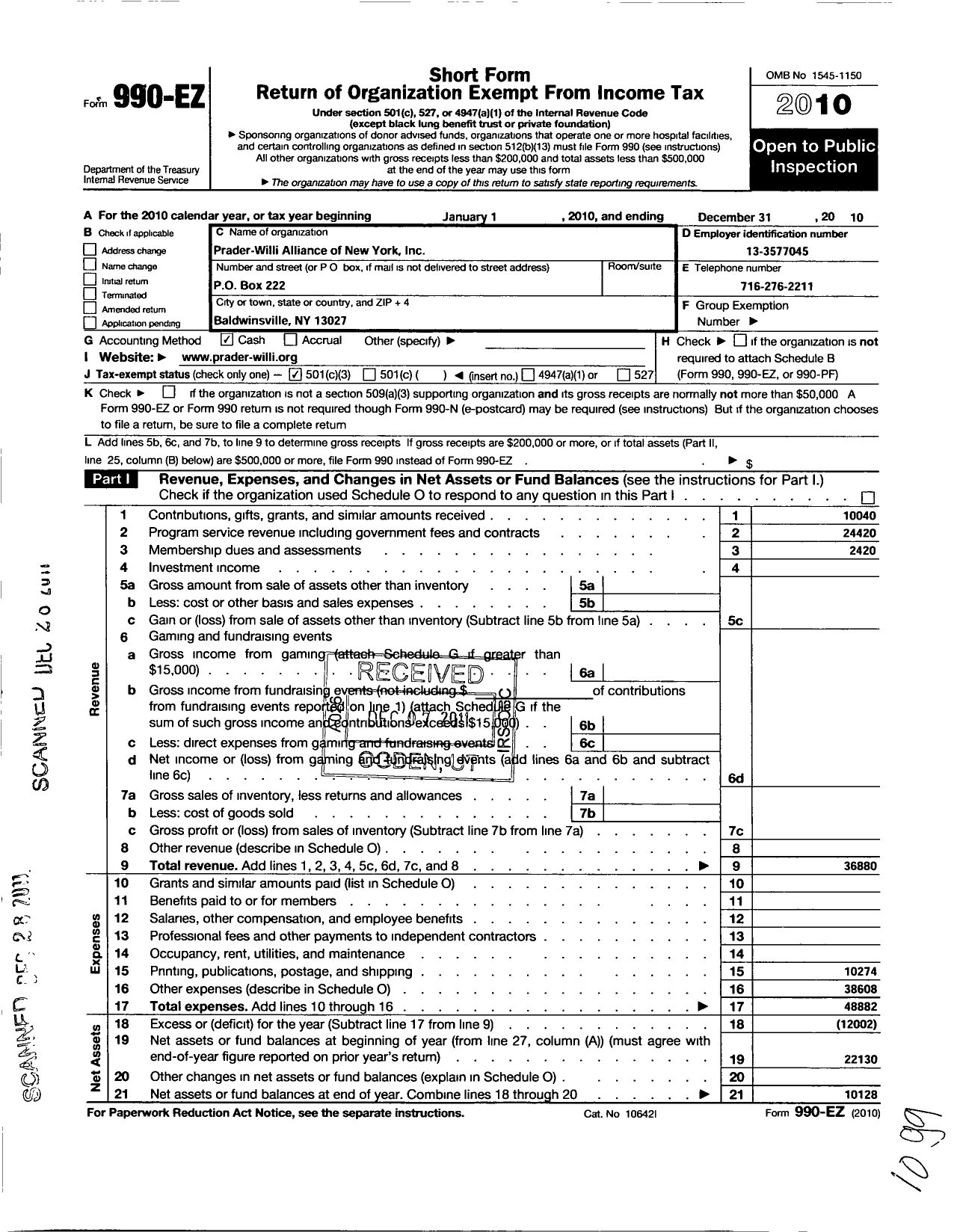 Image of first page of 2010 Form 990EZ for Prader-Willi Alliance of New York