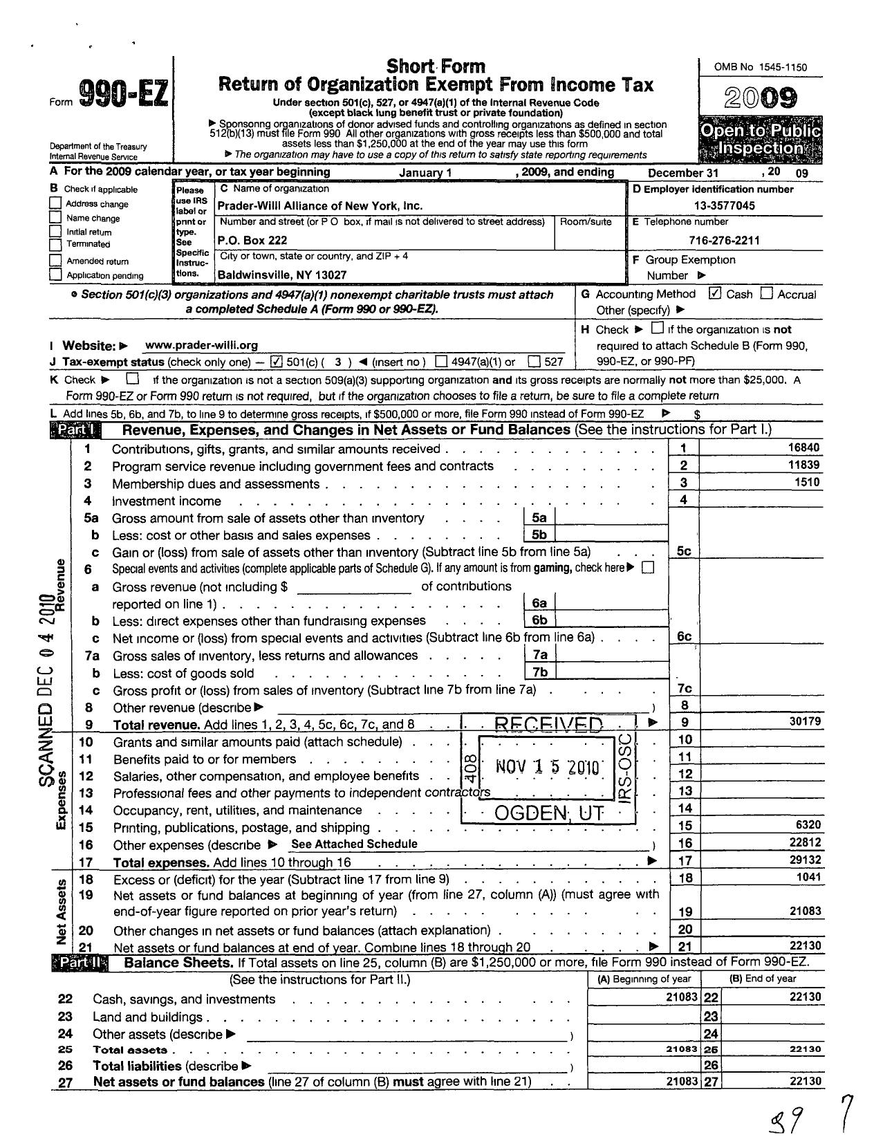 Image of first page of 2009 Form 990EZ for Prader-Willi Alliance of New York