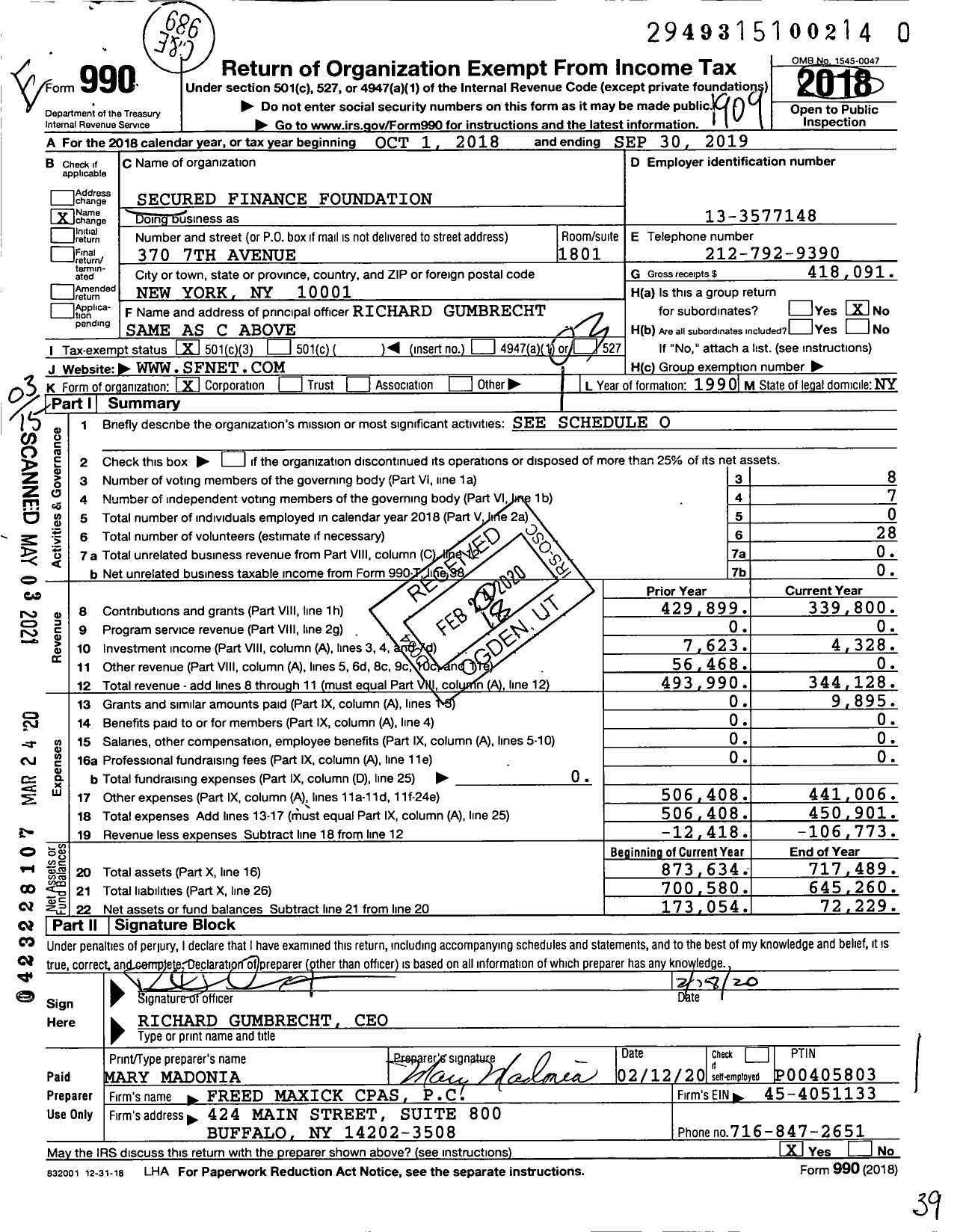 Image of first page of 2018 Form 990 for Secured Finance Foundation