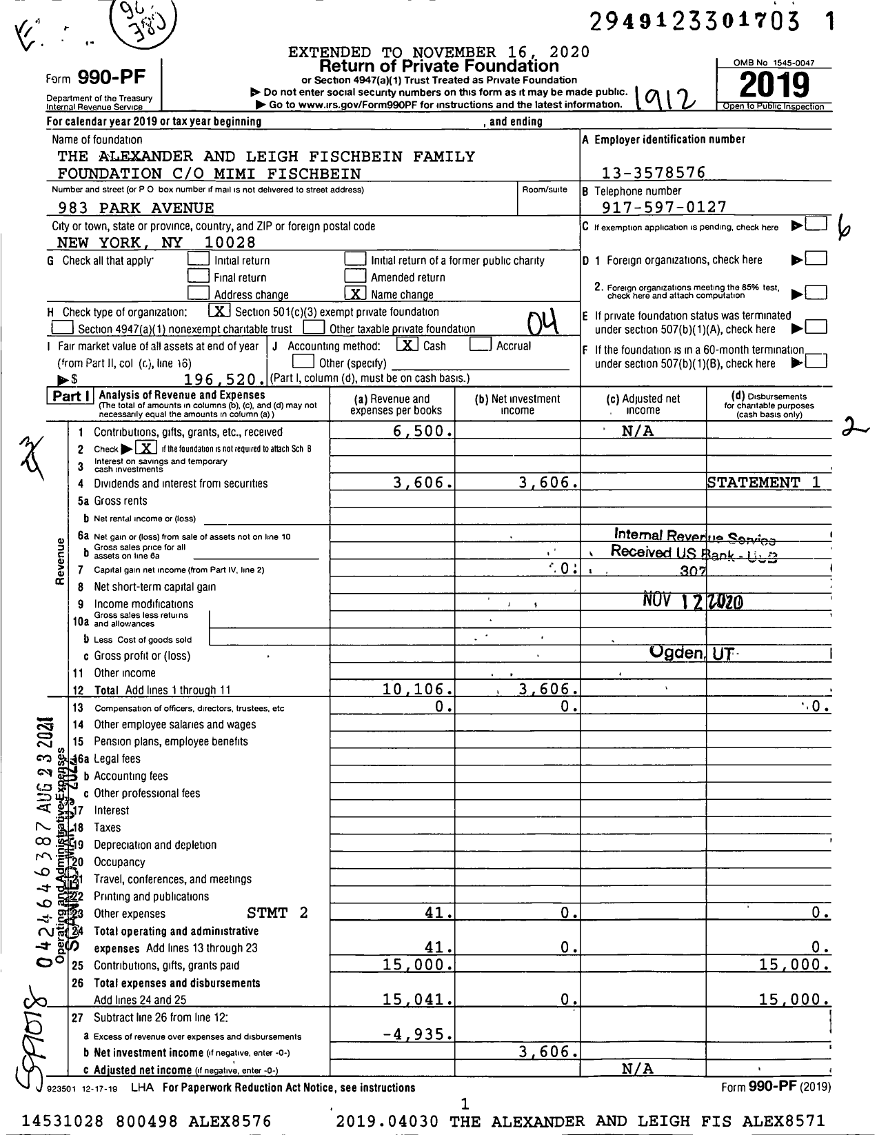 Image of first page of 2019 Form 990PF for The Alexander and Leigh Fischbein Family Foundation