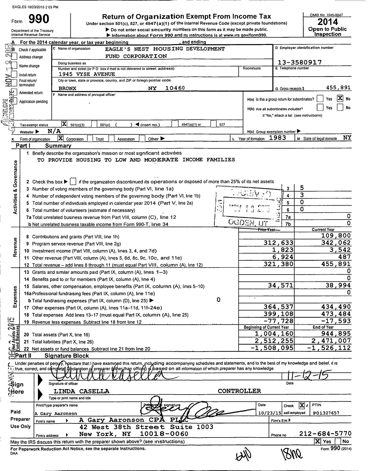 Image of first page of 2014 Form 990 for Eagle's Nest Housing Development Fund Corporation