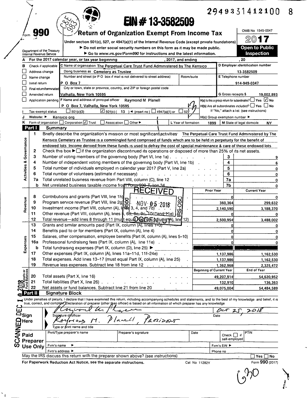 Image of first page of 2017 Form 990O for Perpetual Care Trust Fund Administered By the Kensico Cemetery As Ttee