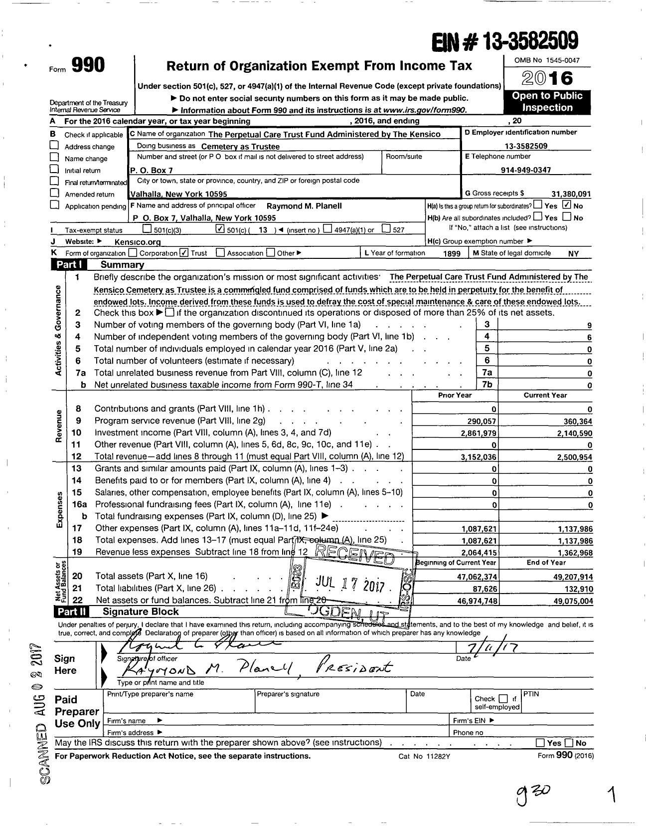 Image of first page of 2016 Form 990O for Perpetual Care Trust Fund Administered By the Kensico Cemetery As Ttee