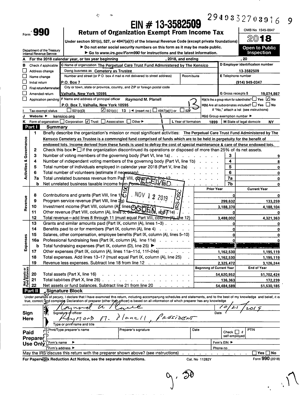 Image of first page of 2018 Form 990O for Perpetual Care Trust Fund Administered By the Kensico Cemetery As Ttee