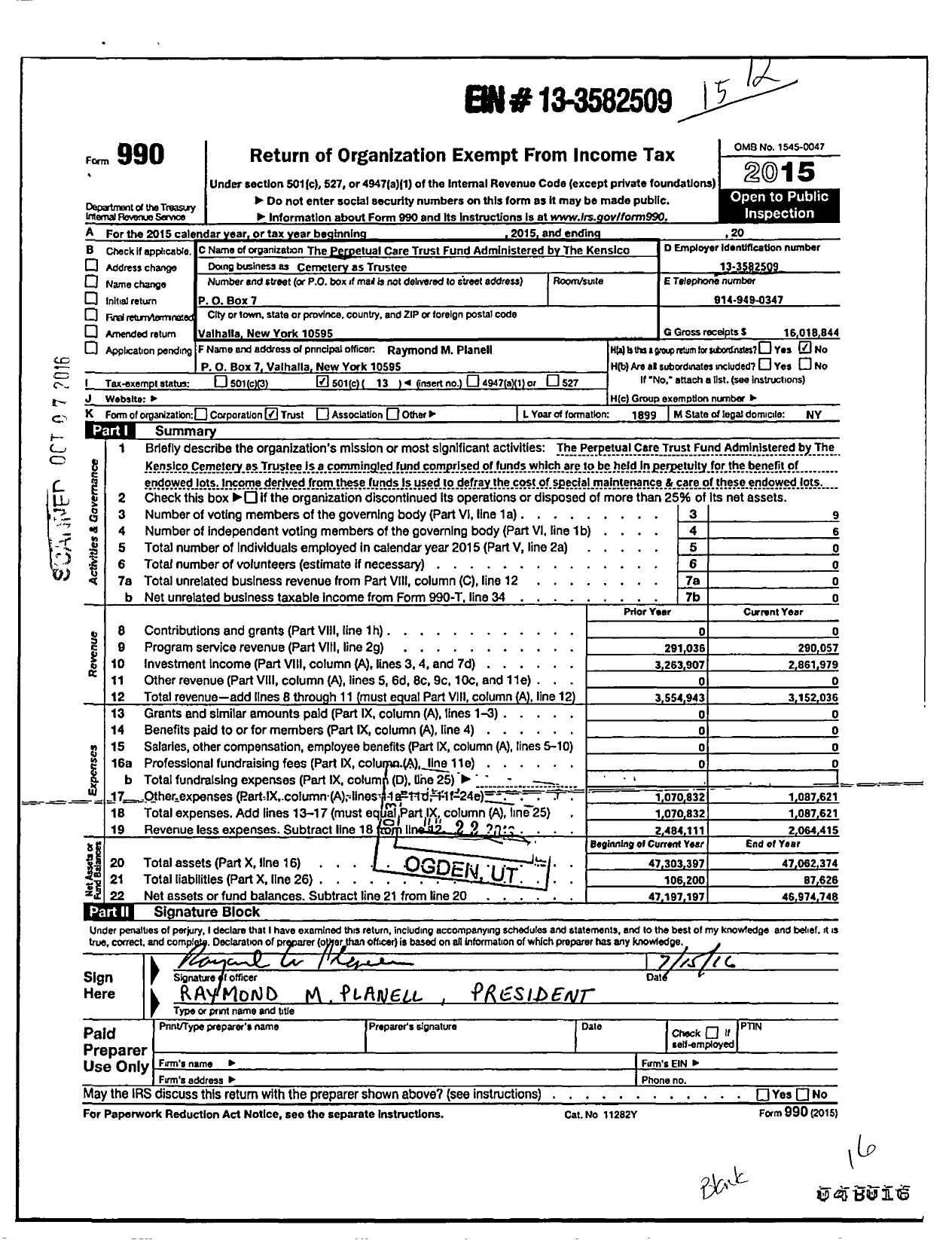 Image of first page of 2015 Form 990O for Perpetual Care Trust Fund Administered By the Kensico Cemetery As Ttee