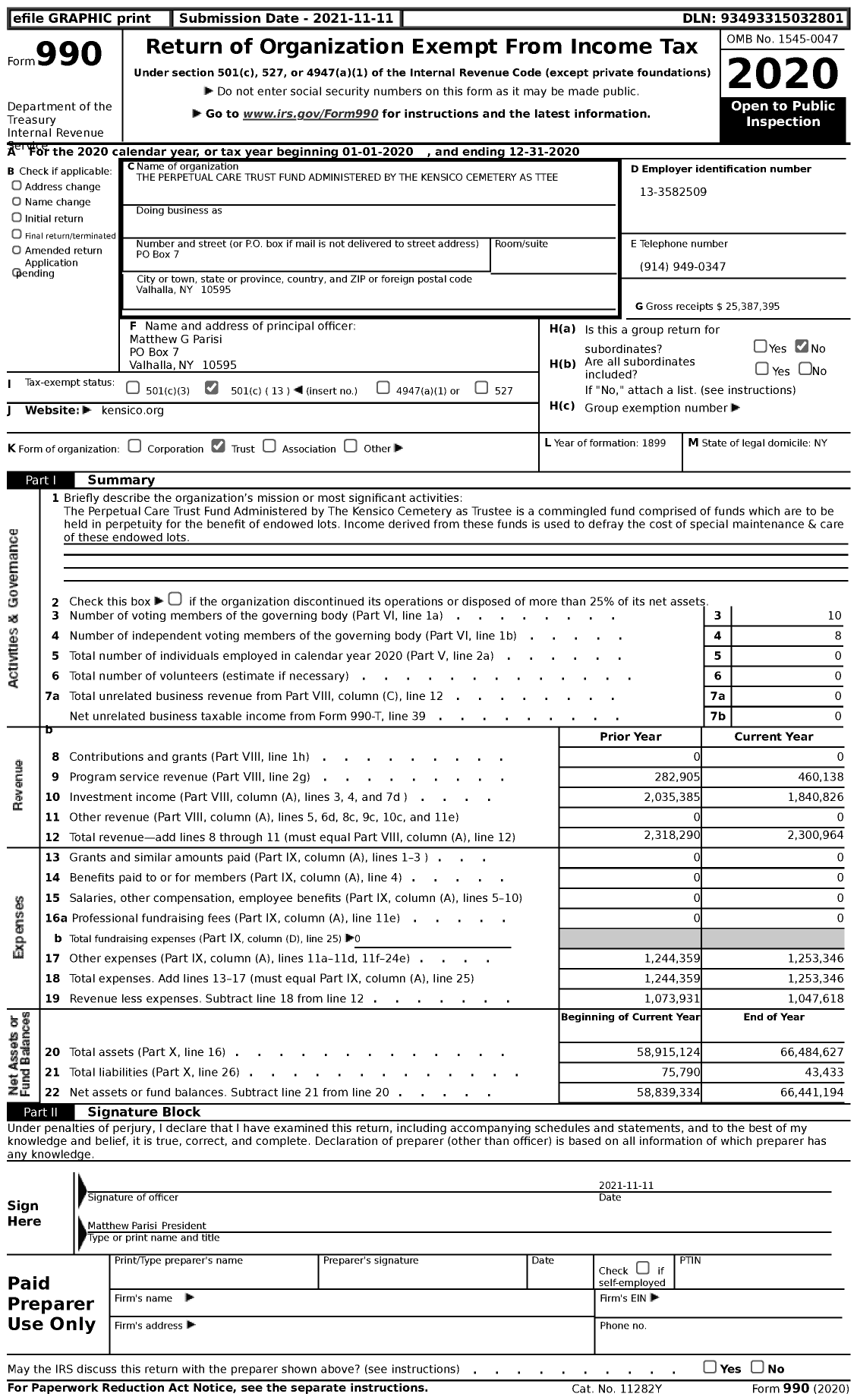 Image of first page of 2020 Form 990 for Perpetual Care Trust Fund Administered By the Kensico Cemetery As Ttee