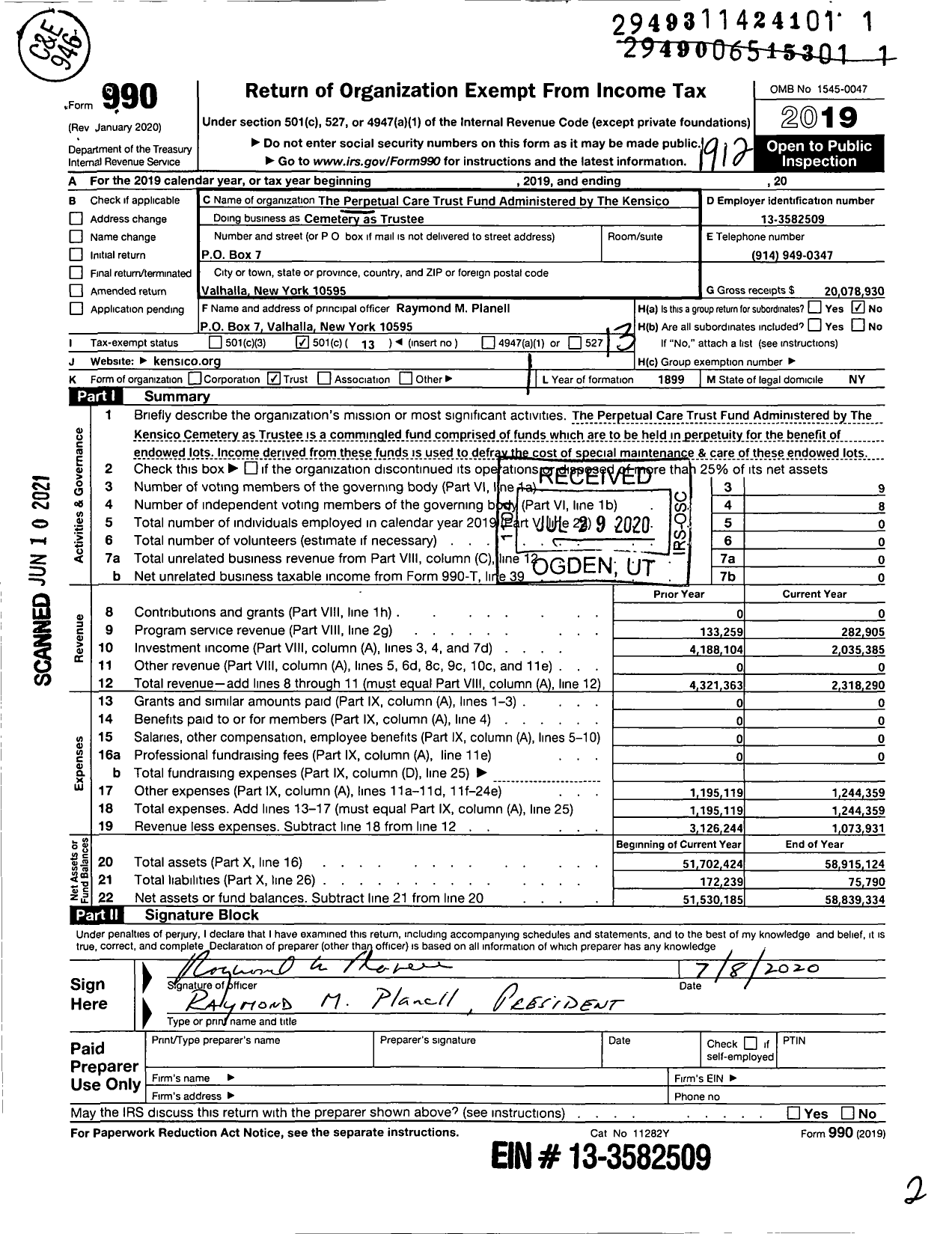 Image of first page of 2019 Form 990O for Perpetual Care Trust Fund Administered By the Kensico Cemetery As Ttee