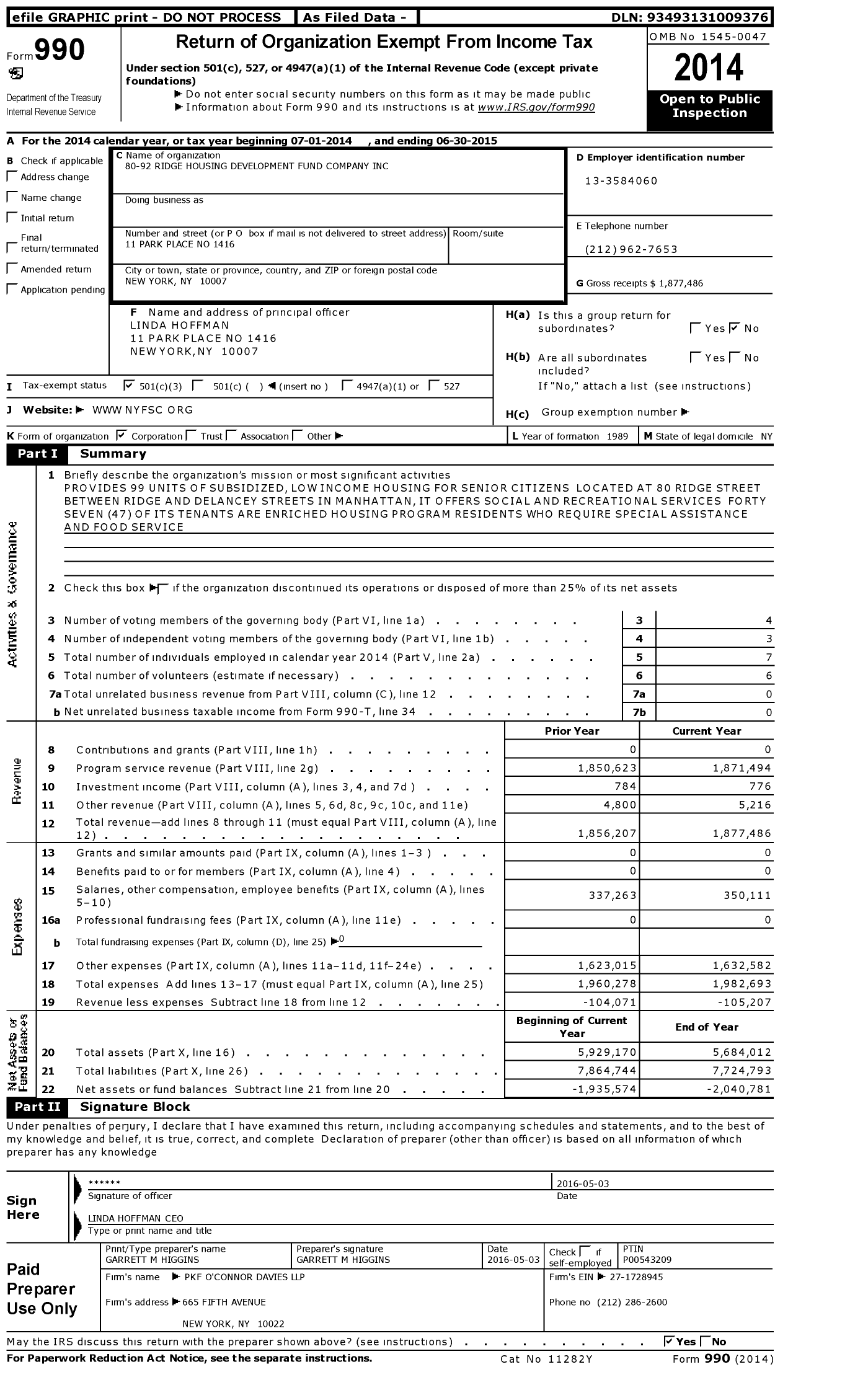 Image of first page of 2014 Form 990 for 80-92 Ridge Street Housing Development Fund Company