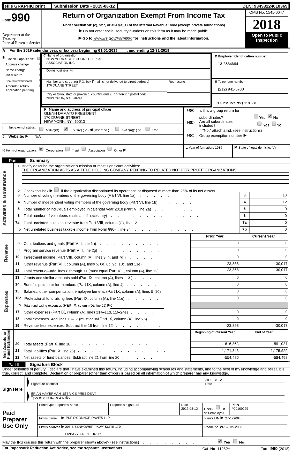 Image of first page of 2018 Form 990 for New York State Court Clerks Association