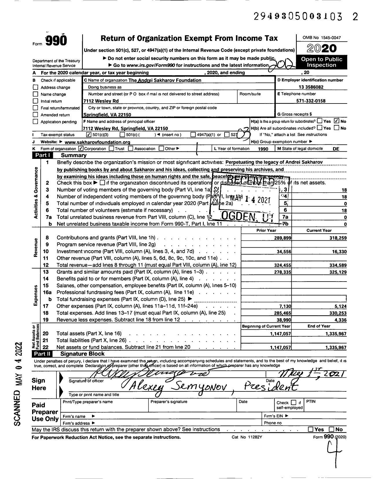 Image of first page of 2020 Form 990 for Andrei Sakharov Foundation