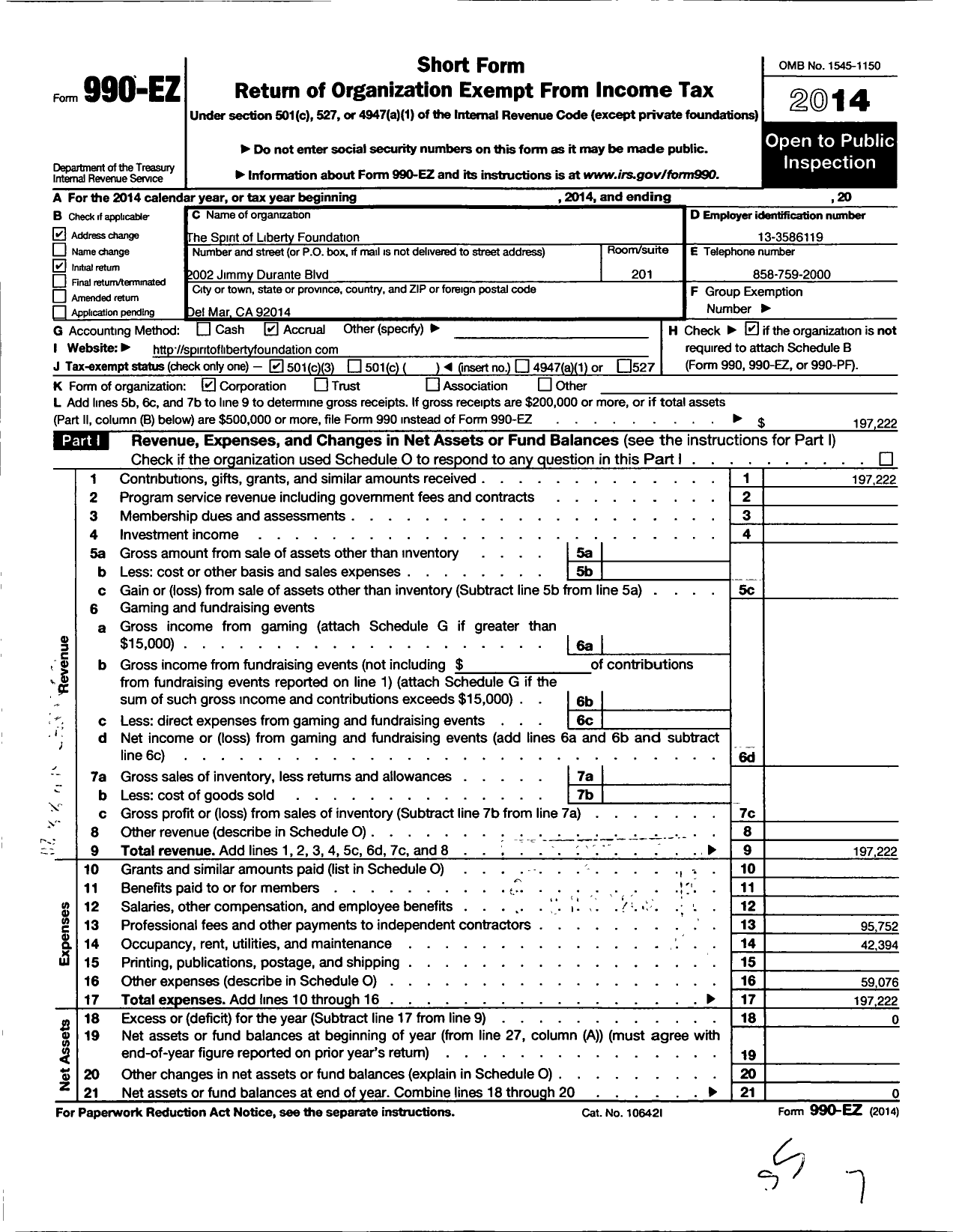 Image of first page of 2014 Form 990EZ for The Spirit of Liberty Foundaton