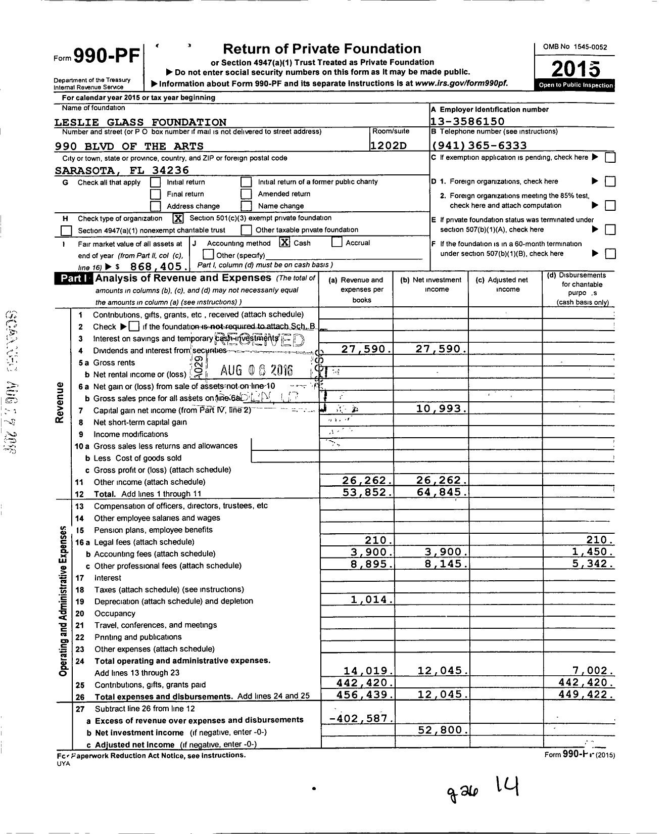 Image of first page of 2015 Form 990PF for The Leslie Glass Foundation