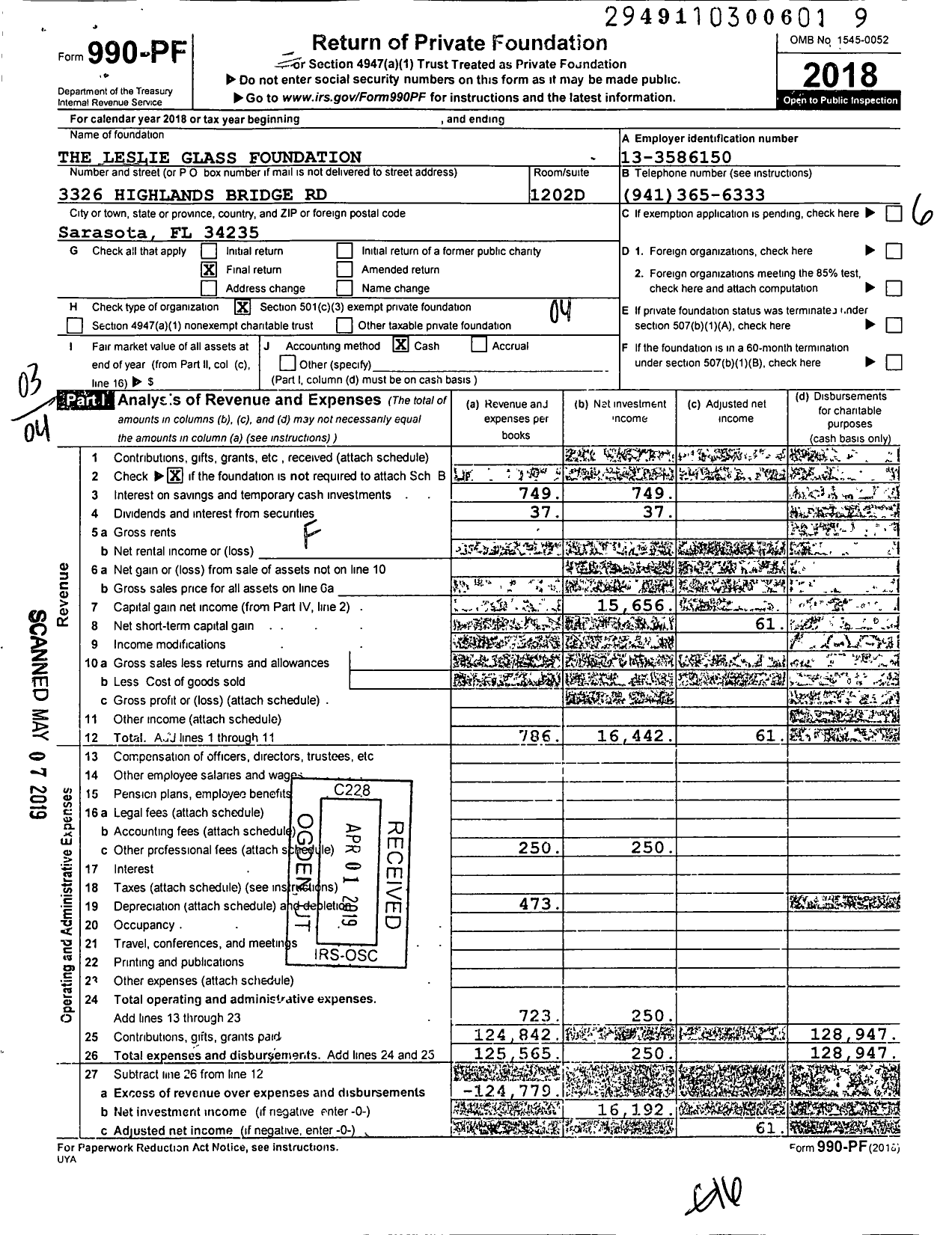 Image of first page of 2018 Form 990PF for The Leslie Glass Foundation