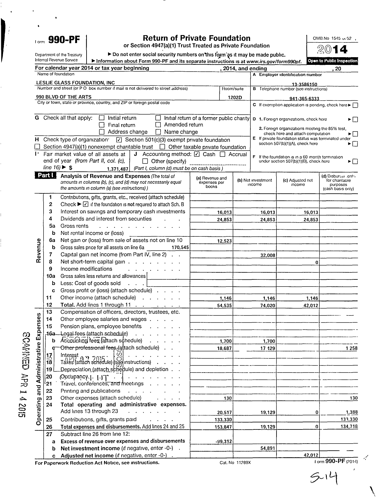 Image of first page of 2014 Form 990PF for The Leslie Glass Foundation