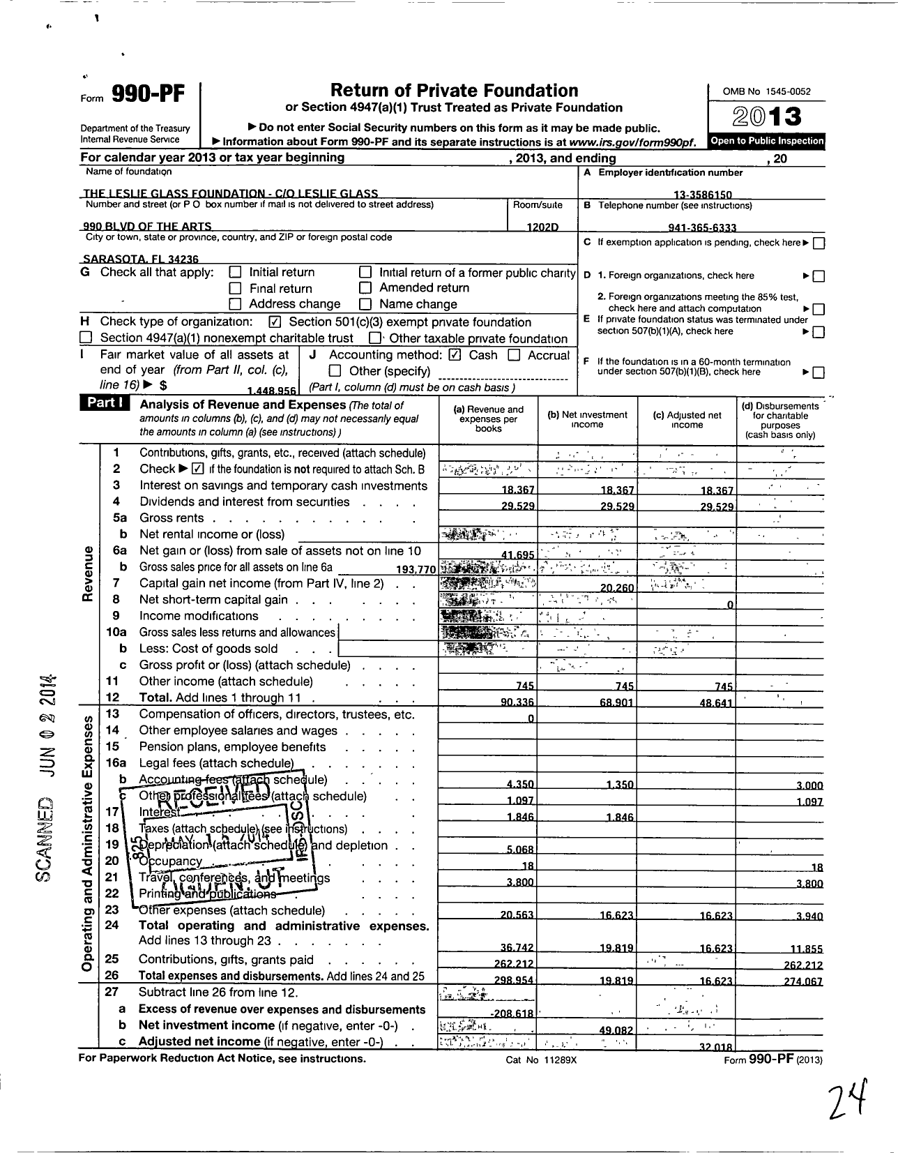 Image of first page of 2013 Form 990PF for The Leslie Glass Foundation