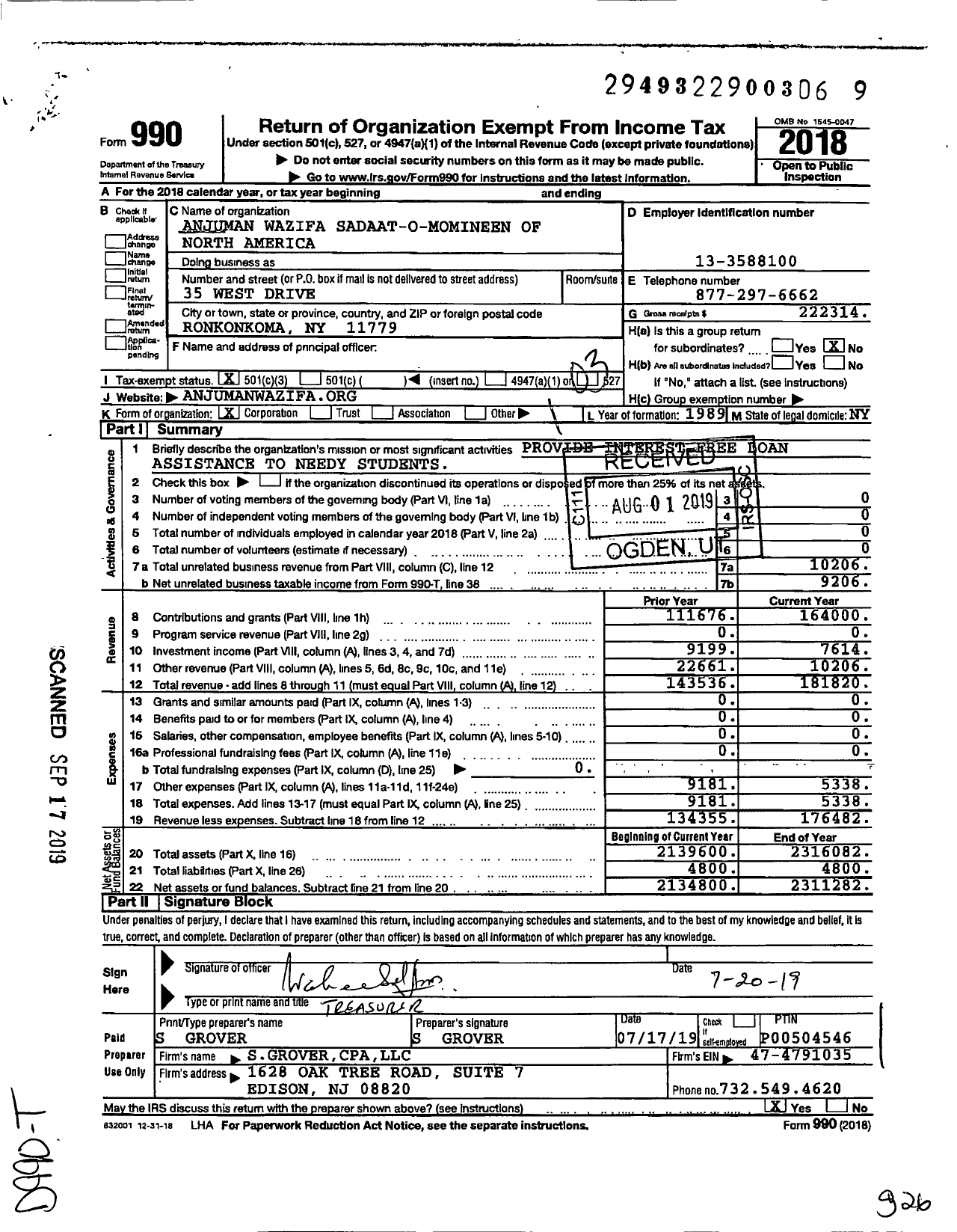 Image of first page of 2018 Form 990 for Anjuman Wazifa Sadaat-O-Momineen of North America