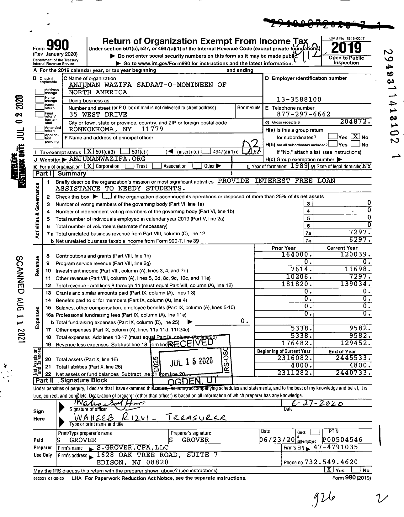 Image of first page of 2019 Form 990 for Anjuman Wazifa Sadaat-O-Momineen of North America