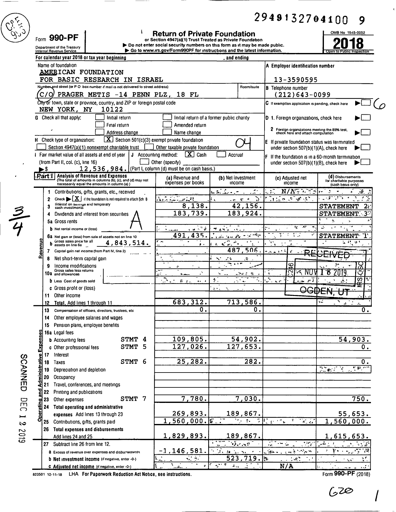 Image of first page of 2018 Form 990PF for American Foundation for Basic Research in Israel